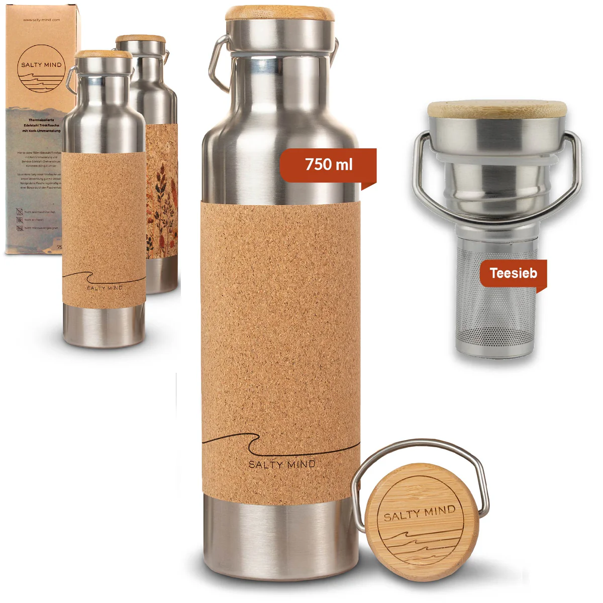 Edelstahlflasche mit 750 ml Volumen und Korkmantel, Teesieb und Bambusdeckel stückweise abgebildet.