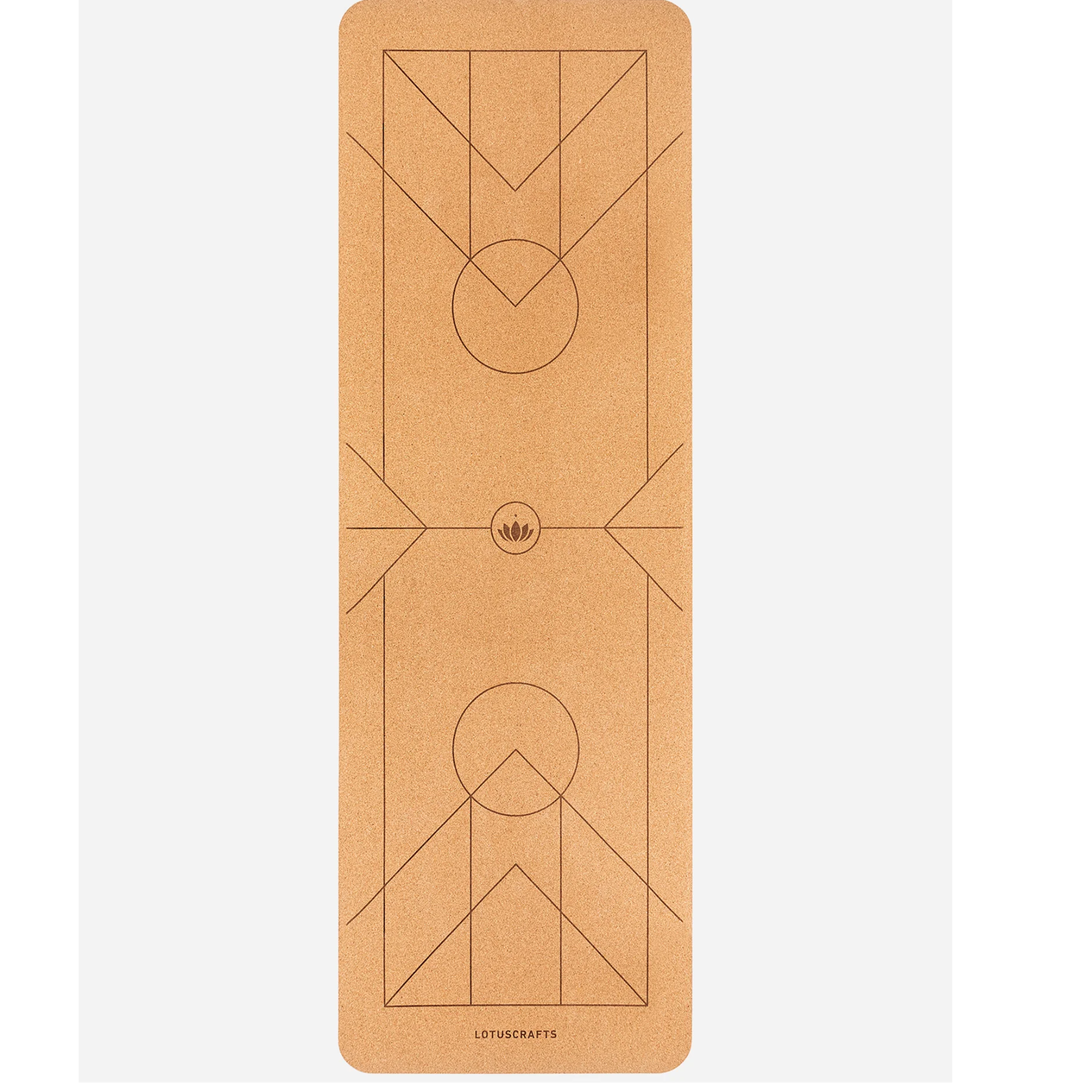 Braune Yogamatte mit geometrischen Linien und Kreisen auf der Oberfläche, abgerundete Ecken.