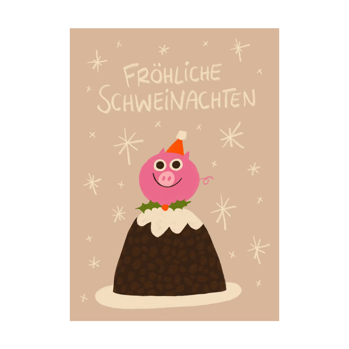 Eine festliche Karte mit der Aufschrift Fröhliche Schweinachten über einem lächelnden rosa Schwein mit Weihnachtsmannmütze, das auf einem Weihnachtspudding sitzt, mit weißen Sternen auf einem beigen Hintergrund.