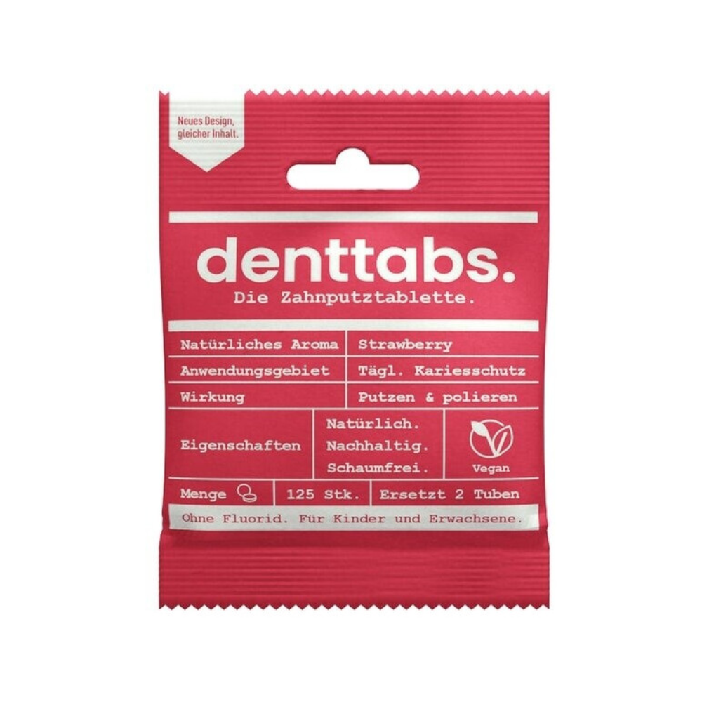 Eine rote Packung Denttabs Zahnreinigungstabletten mit weißem Text, der die Eigenschaften wie natürliches Erdbeeraroma, fluoridfrei, vegan und für Kinder und Erwachsene geeignet beschreibt. Die Packung enthält 125 Tabletten.