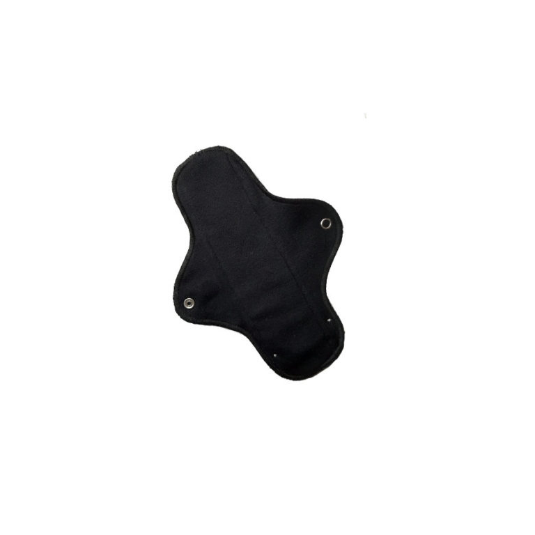 Schwarze, waschbare Stoff-Binde mit Druckknöpfen auf weißem Hintergrund.