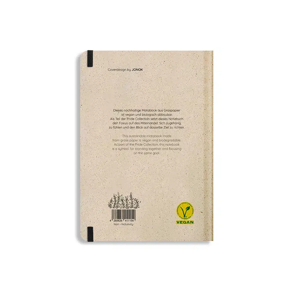 Ein beigefarbenes Notizbuch mit gesprenkelter, recycelter Textur ist von hinten abgebildet. Der Text in Deutsch und Englisch ist in der Mitte gedruckt, mit pflanzlichen und veganen Zertifizierungssymbolen in der Nähe des unteren Randes. Ein schwarzes Gummiband ist an der Seite sichtbar.