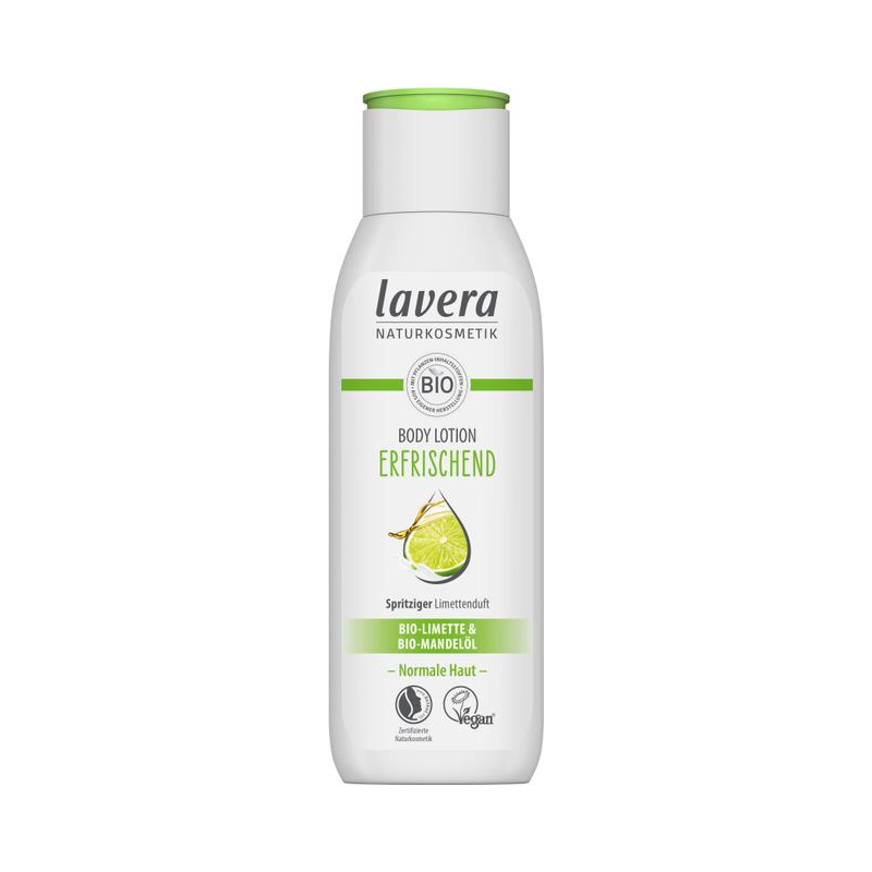 Eine weiße Flasche der Lavera Naturkosmetik Body Lotion mit der Aufschrift "Erfrischend". Sie zeigt eine Limettengrafik und grüne Akzente, die auf Bio-Limette und Bio-Mandelöl für normale Haut hinweisen. Die Flasche ist 250 ml groß und vegan.