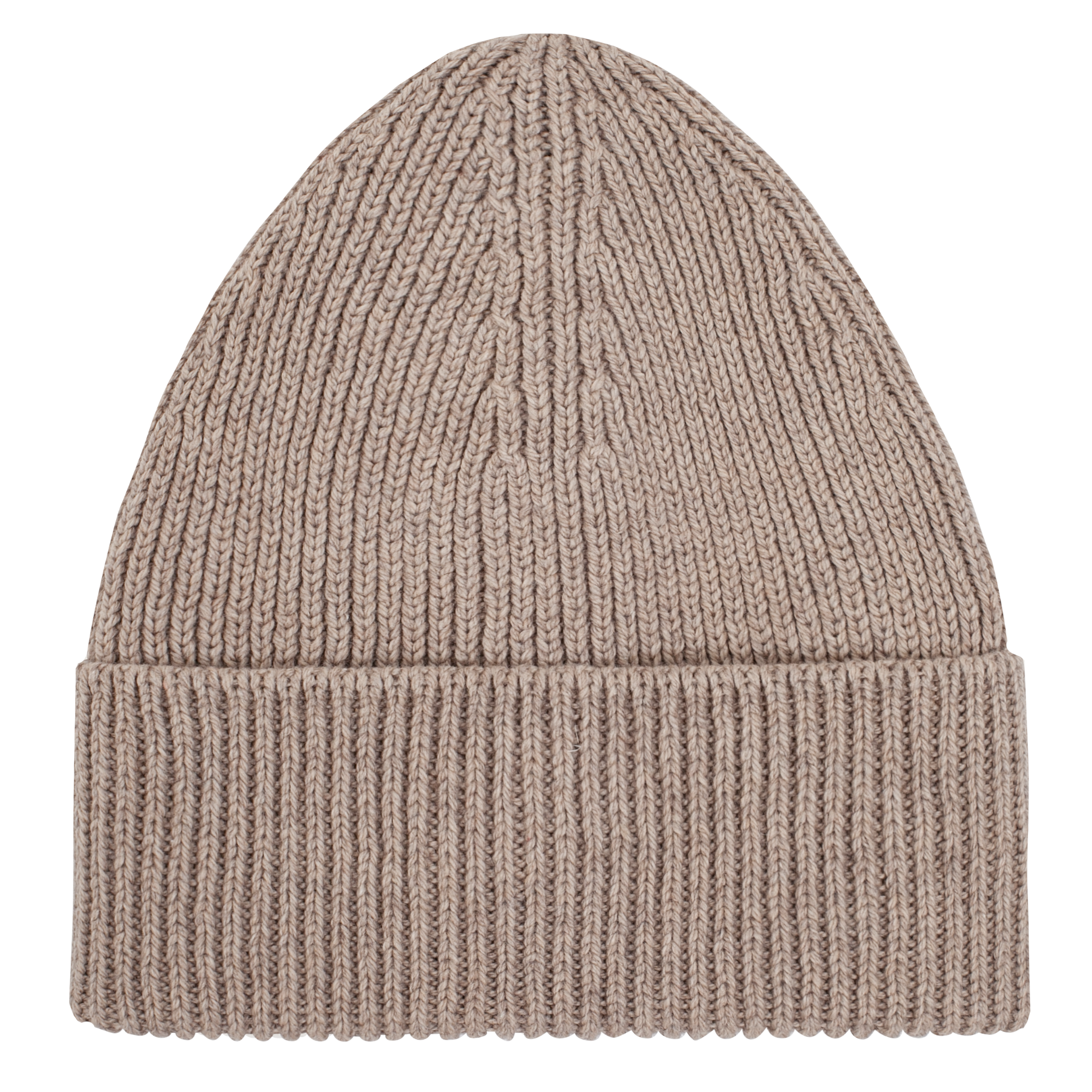 Braune Strickmütze mit breitem umgeschlagenem Rand, in Feinrippmuster gestrickt.