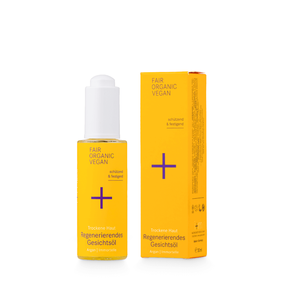 Eine Flasche und eine Schachtel Fair Organic Vegan Regenerating Face Oil für trockene Haut, mit Argan und Strohblume. Beide sind gelb mit lila und orangefarbenen Akzenten, haben einen Pumpspender und ein klares, modernes Design.