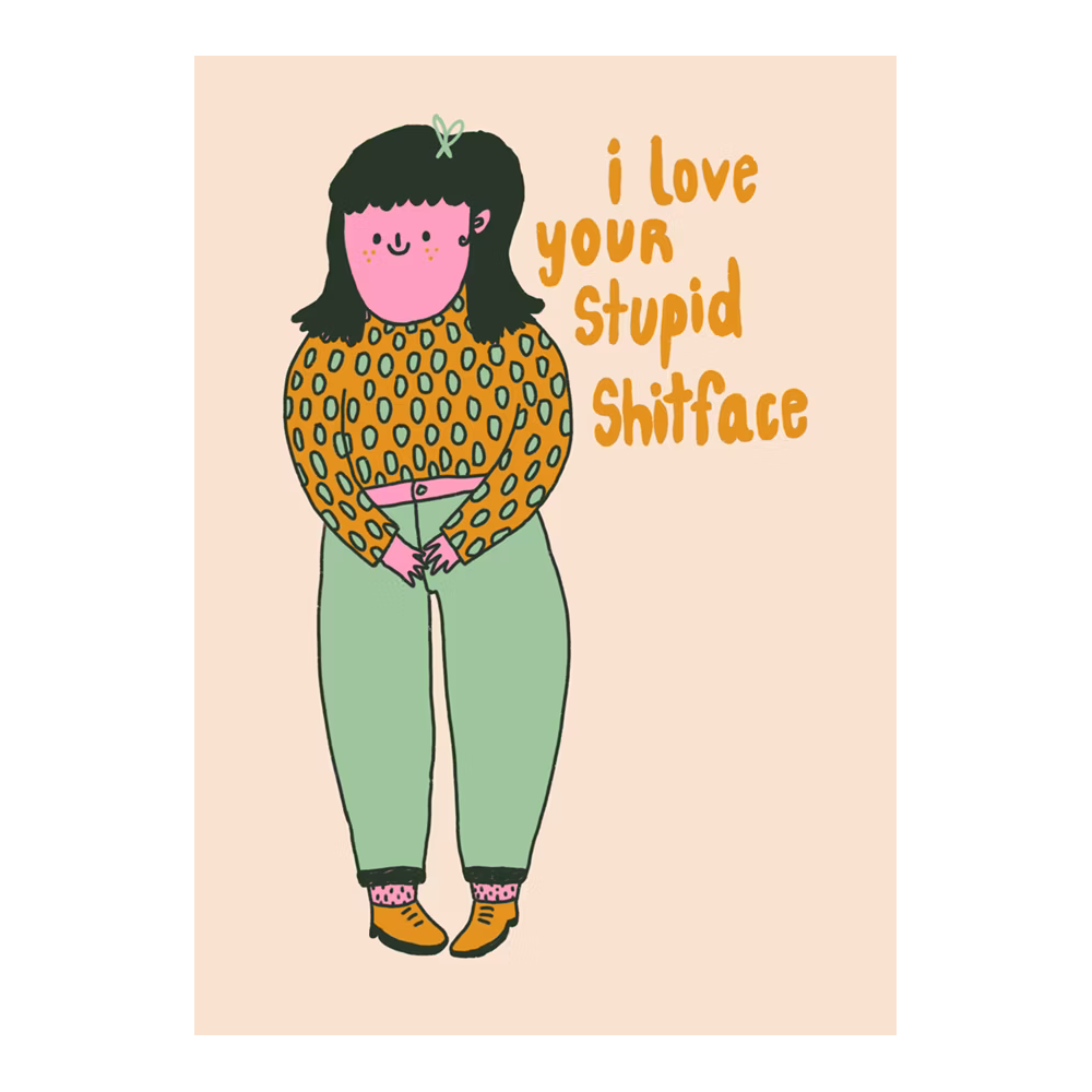 Illustration einer lächelnden Person mit dunklem Haar, gemustertem Oberteil und grüner Hose. Text: "I love your stupid shitface".