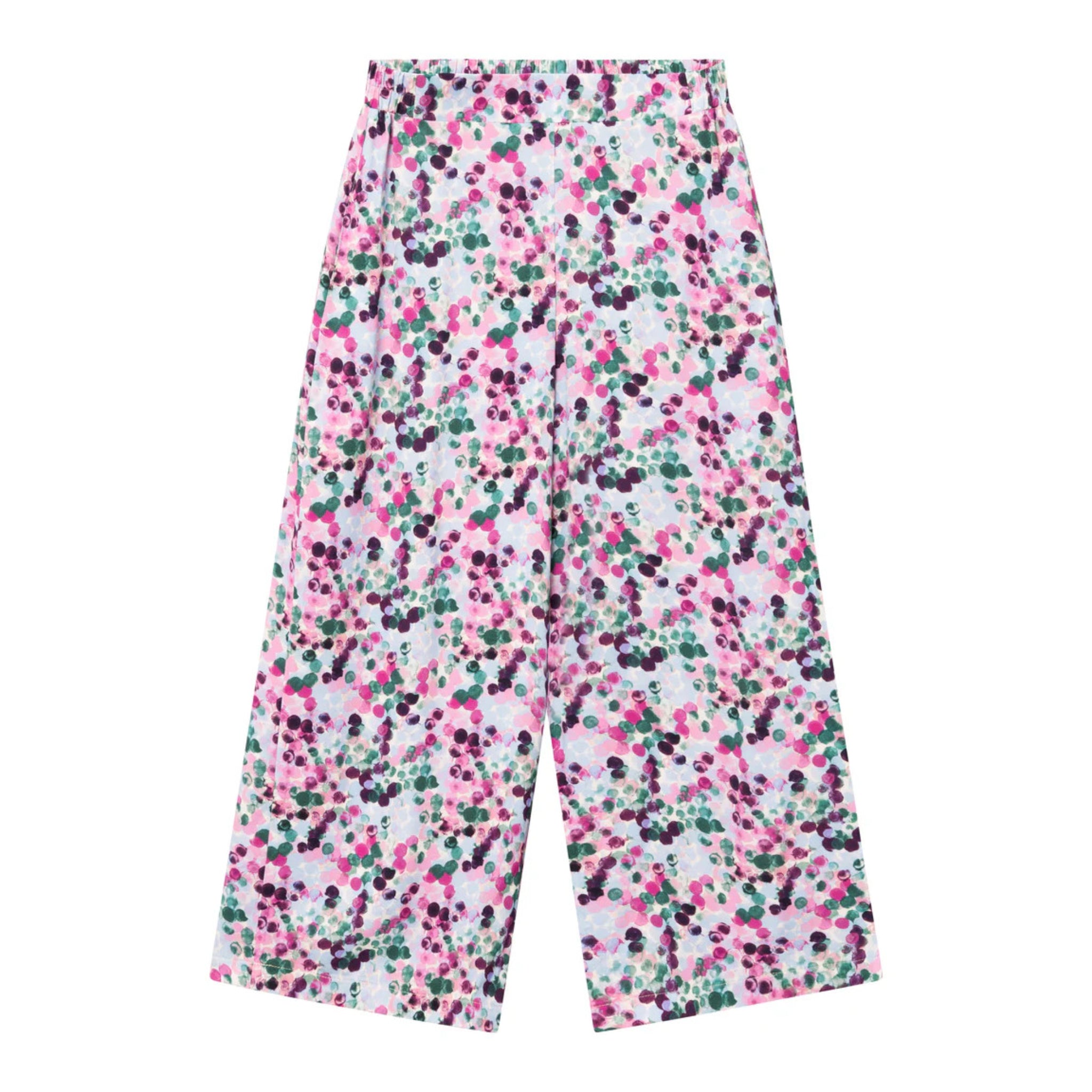 Bunte Hose mit Blumenmuster in Rosa, Grün und Lila auf weißem Hintergrund, breit geschnitten mit elastischem Bund.