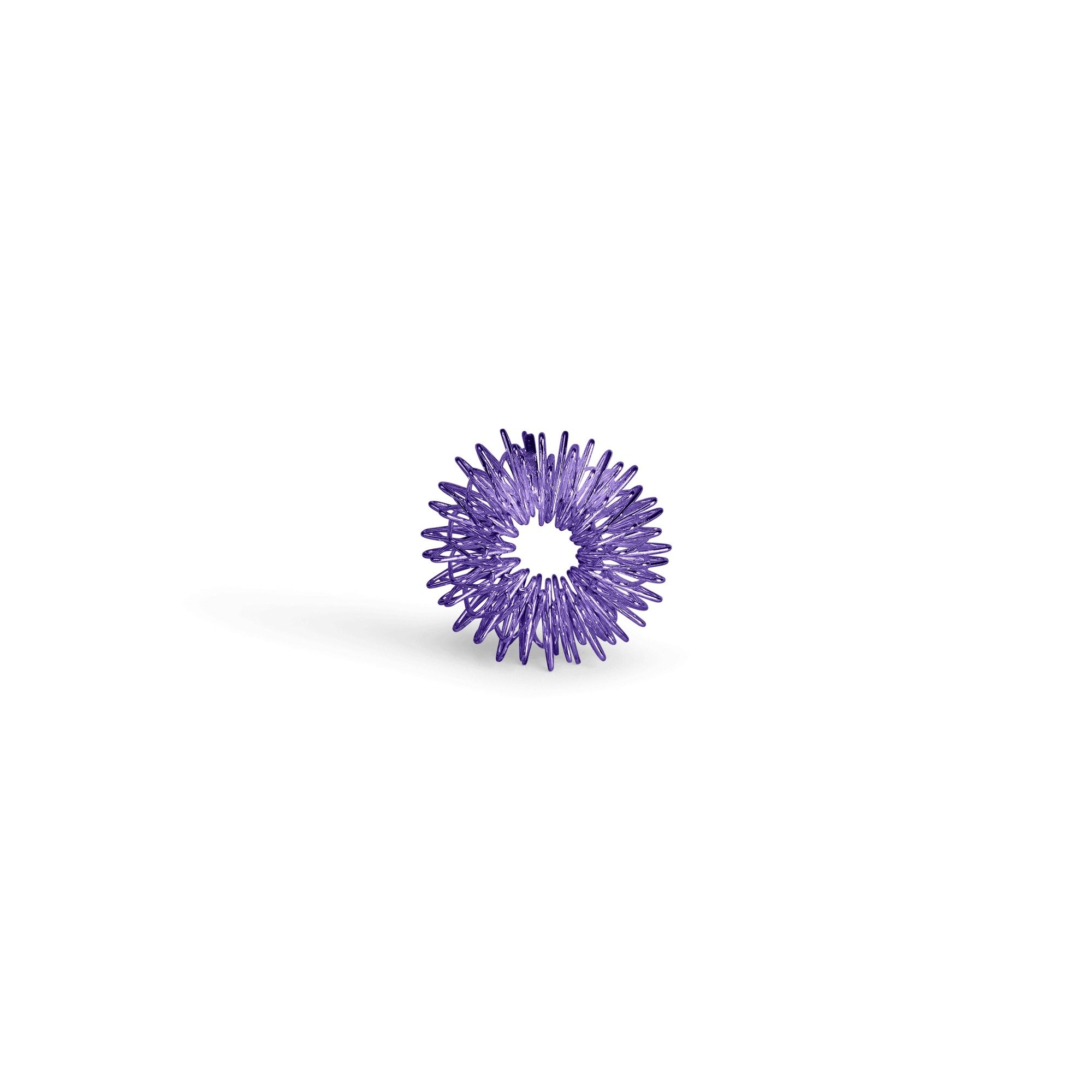 Lila, spiralförmige Plastikhaarbinde gegen weißen Hintergrund, die zu einem Kreis geformt ist.