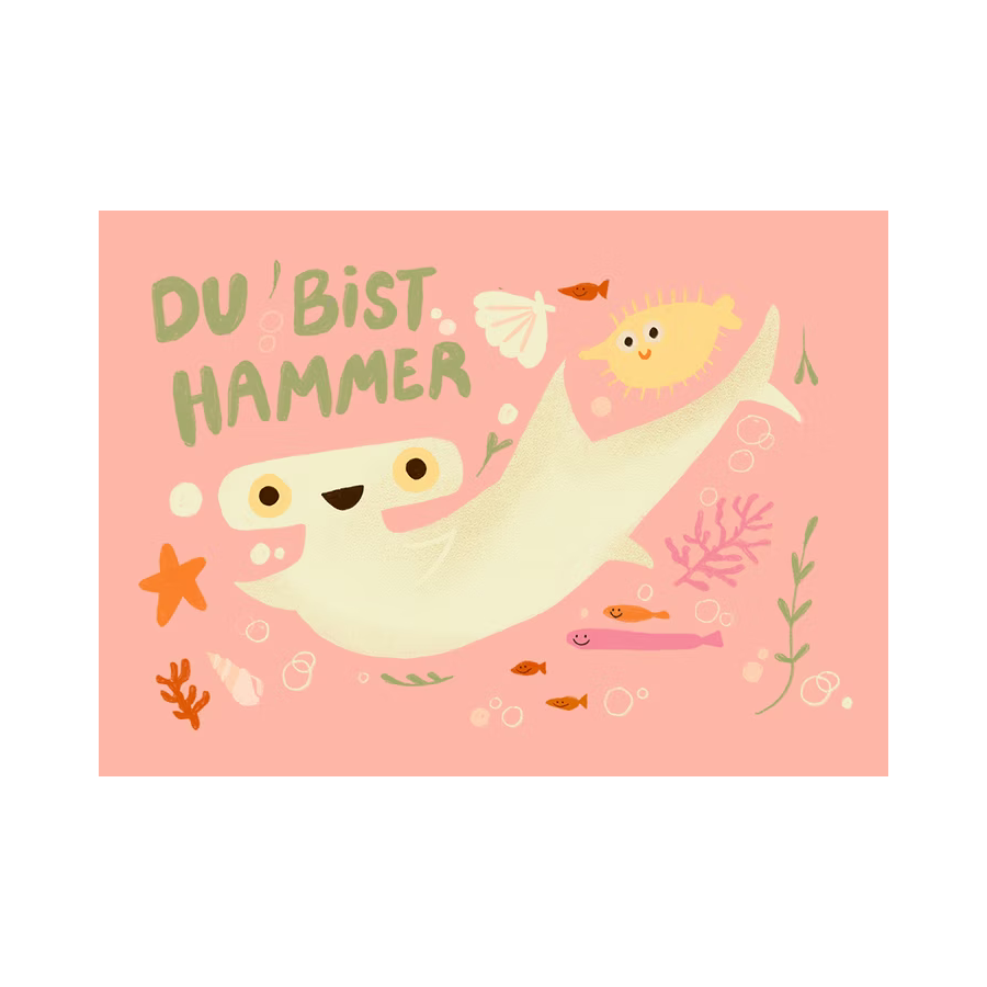 Niedliches Haimotiv mit der Aufschrift "Du bist Hammer" in einem pinken Hintergrund mit Meeresbewohnern.
