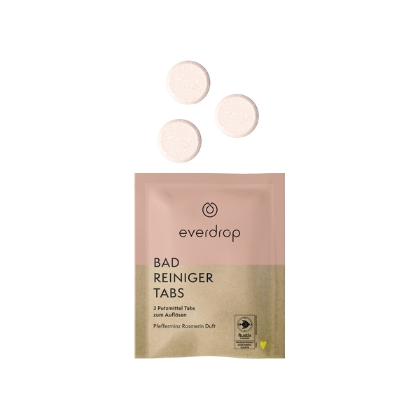 Verpackung von Everdrop Bad Reinigungstabs mit drei weißen Tabs darüber, Duft: Pfefferminze Rosmarin.