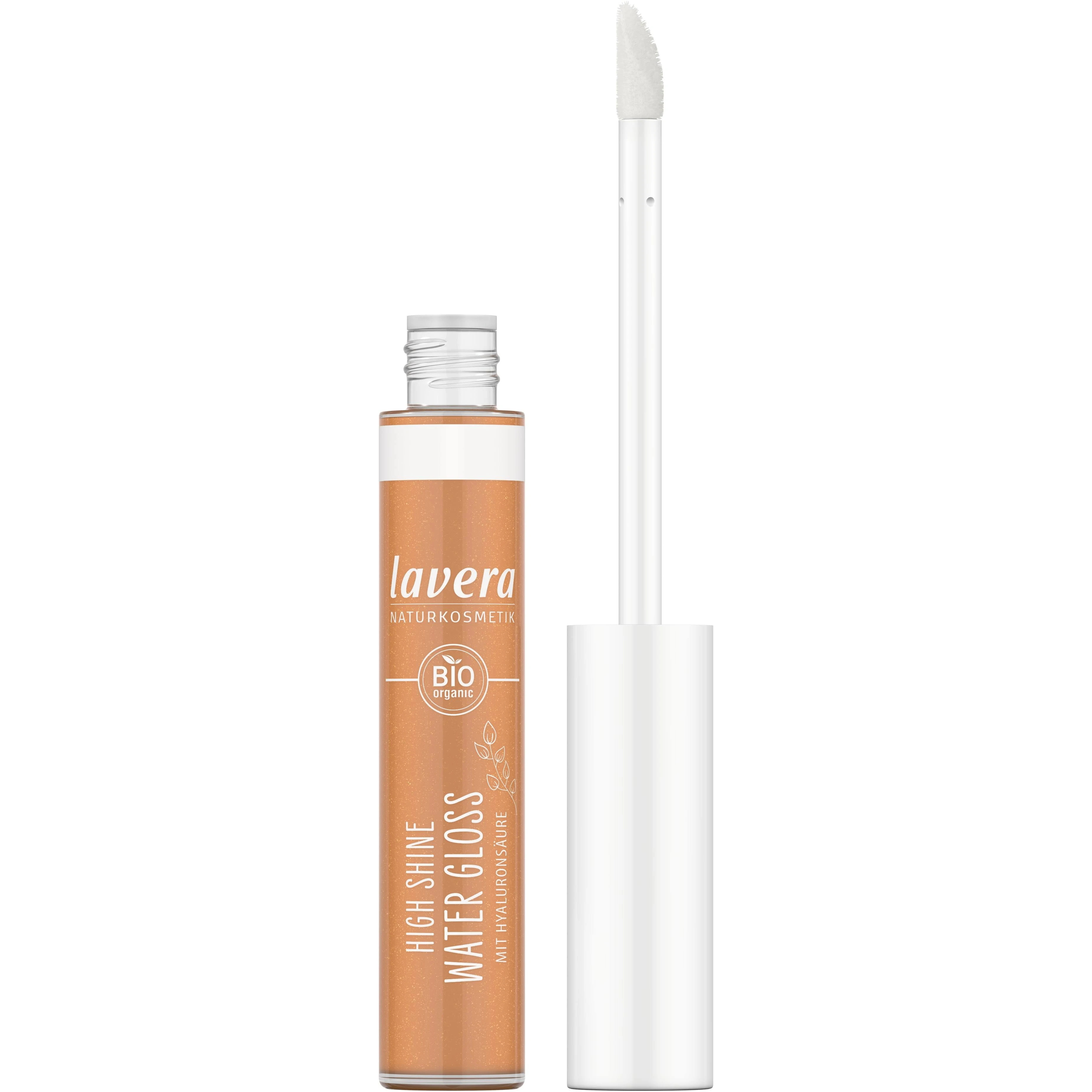 Glasflasche mit Lavera Naturkosmetik High Shine Water Gloss und geöffnetem Applikator, transparent mit orangefarbenem Gloss.