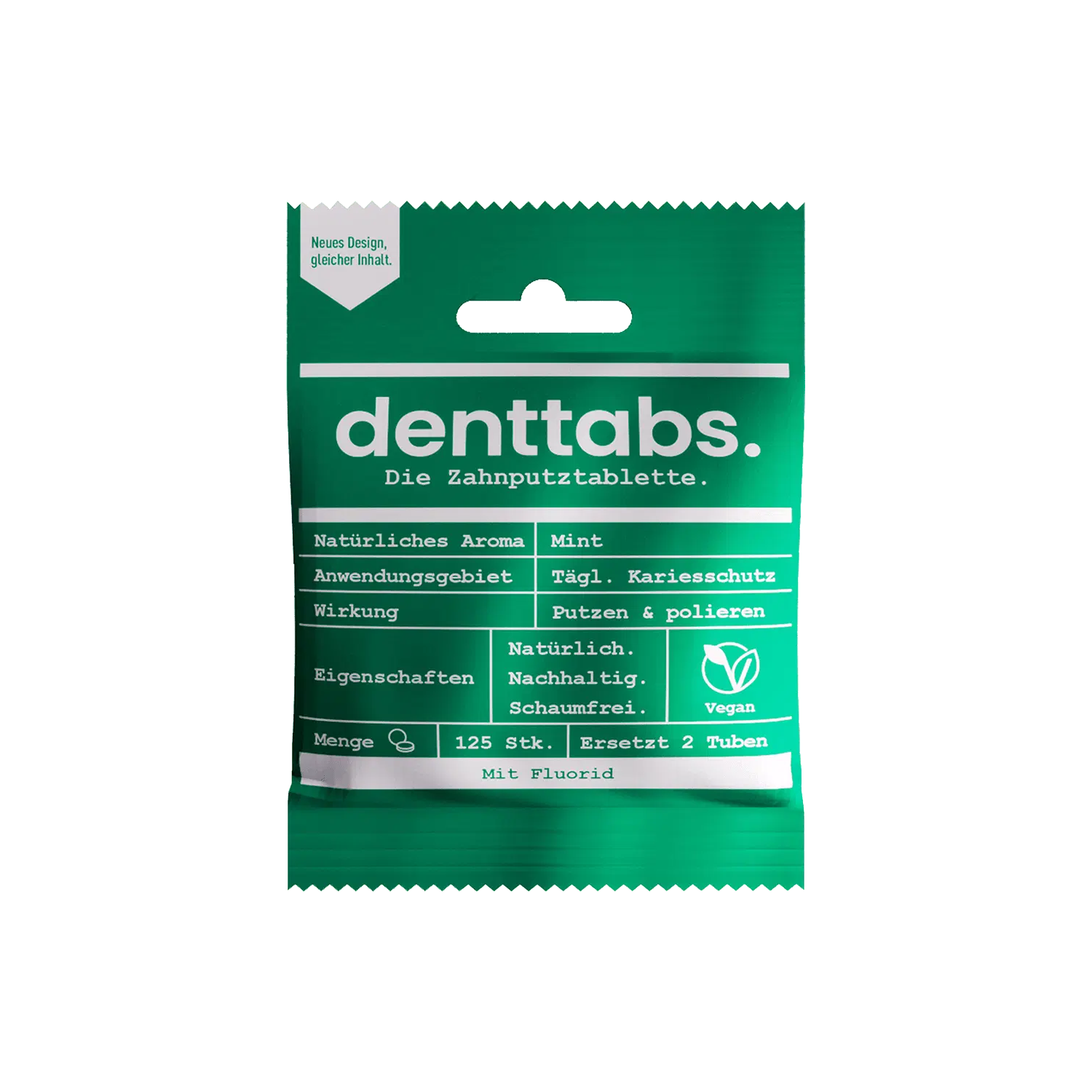 Eine grüne Packung Denttabs-Zahnpastatabletten mit weißem Text in deutscher Sprache, der Minzgeschmack, Veganität, Fluoridgehalt und umweltfreundliche Eigenschaften hervorhebt. Die Packung enthält 125 Tabletten, was zwei Tuben Zahnpasta entspricht.