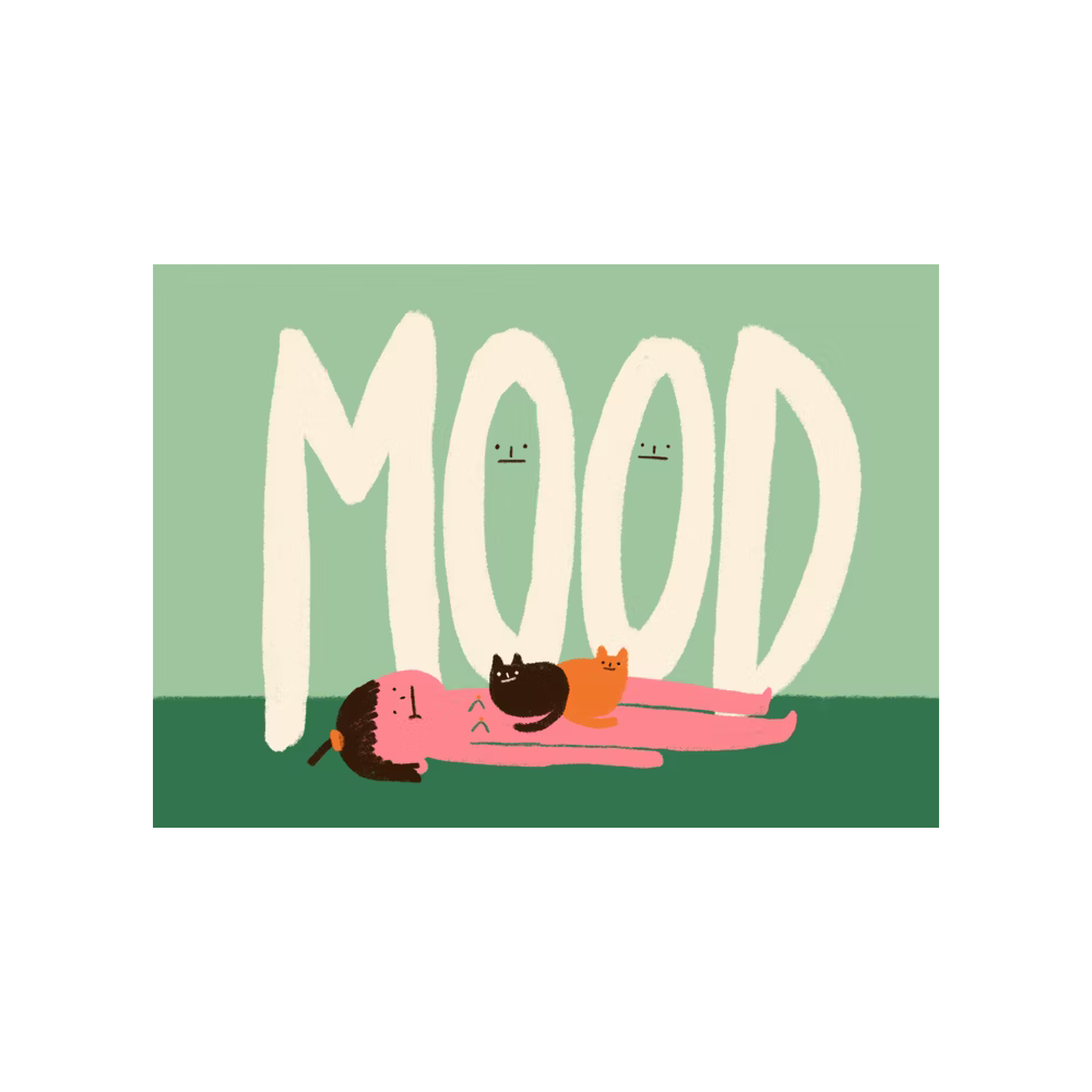 Illustration eines liegenden Menschen mit zwei Katzen auf dem Bauch, vor dem Hintergrund das Wort "MOOD".