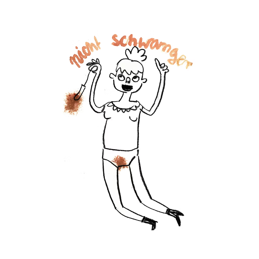 Eine gezeichnete Frau springt freudig mit "nicht schwanger" über ihrem Kopf und einem positiven Schwangerschaftstest in der Hand.