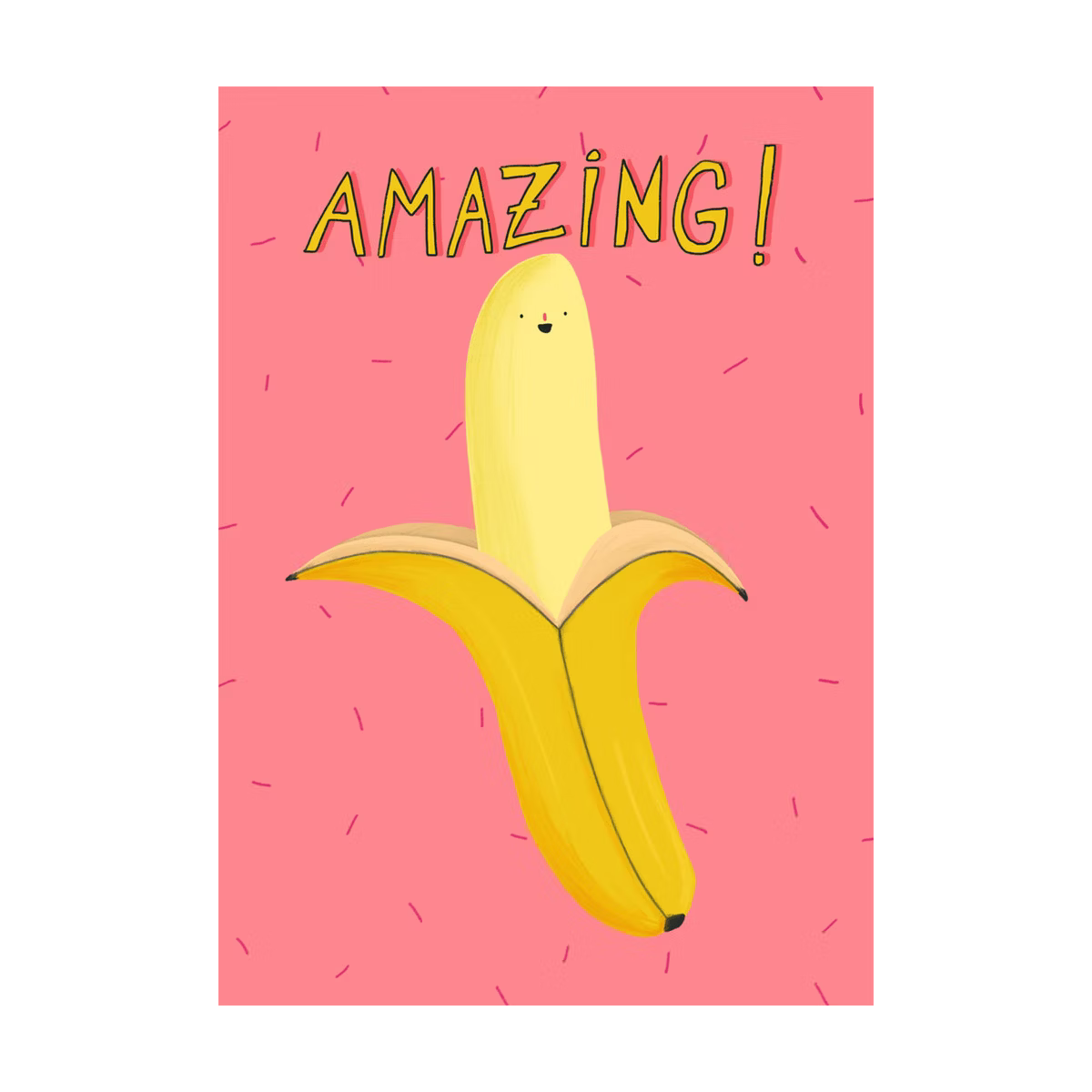 Illustration einer halb geschälten Banane mit einem lächelnden Gesicht und dem Wort "Amazing!" auf rosa Hintergrund.
