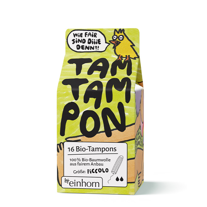 Verpackung mit der Aufschrift „Tampon“ und einem gelben Vogel, enthält 16 Bio-Tampons aus fairer Baumwolle.