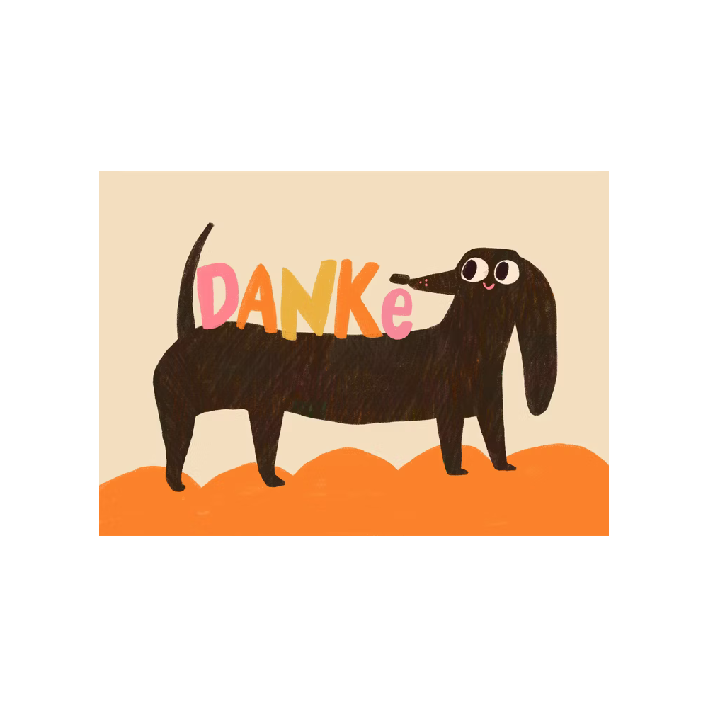 Zeichnung eines lächelnden Hundes mit dem Wort "DANKE" in bunten Buchstaben auf dem Rücken.