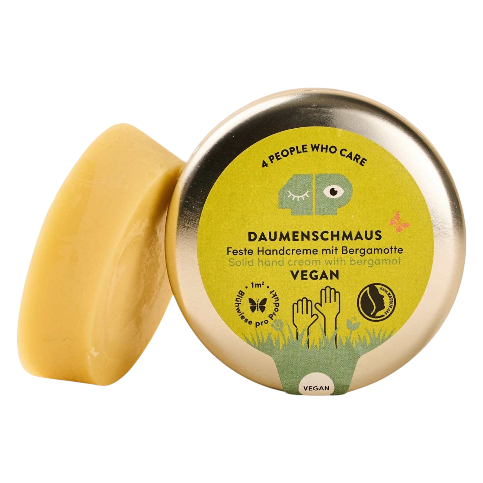 Veganer Daumenschmaus Handcremestift mit Bergamotte, verpackt in einem Metallbehälter mit grünem Etikett.
