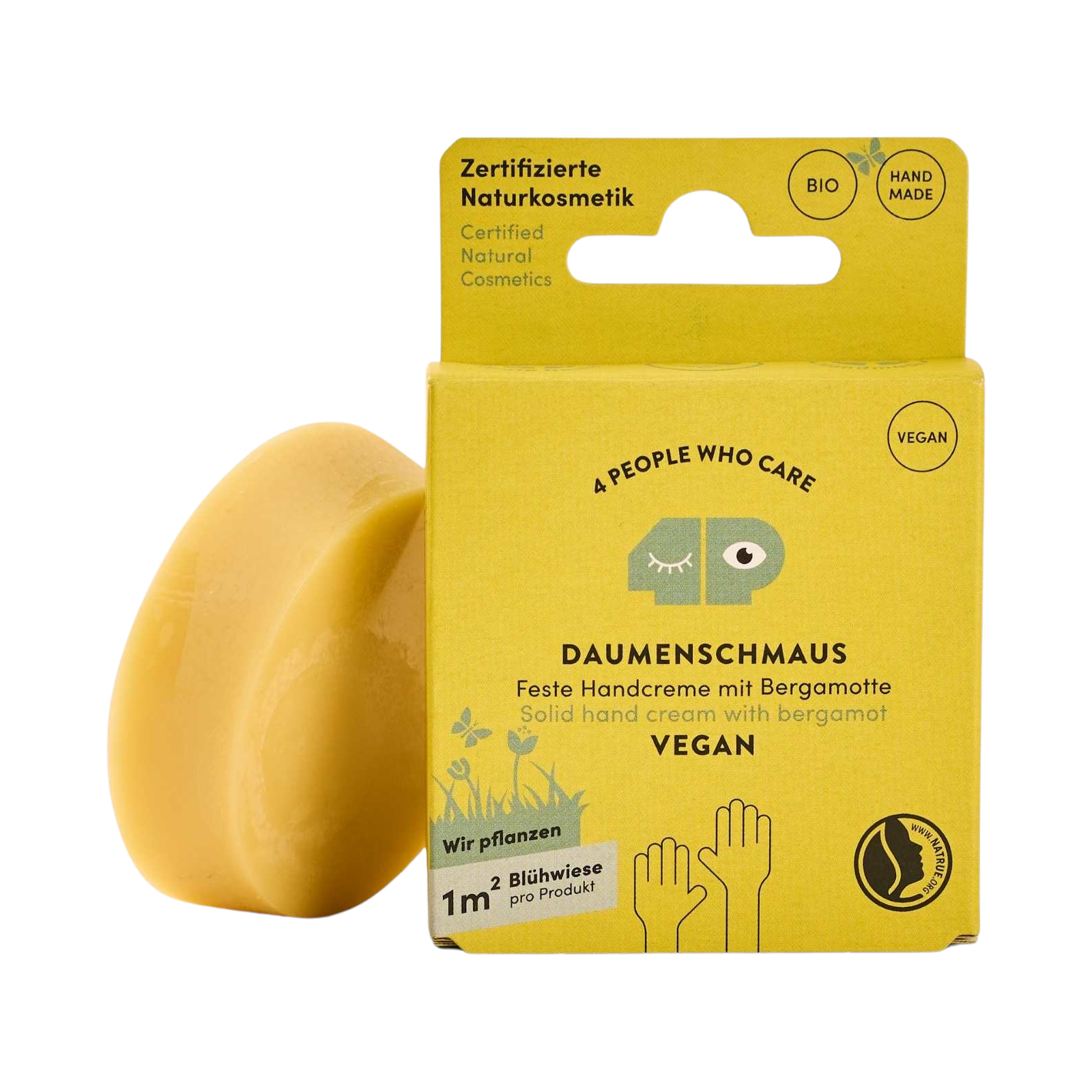 Gelbe Verpackung und feste Handcreme "Daumenschmaus" mit Bergamotte, zertifizierte Naturkosmetik, vegan und handgemacht.