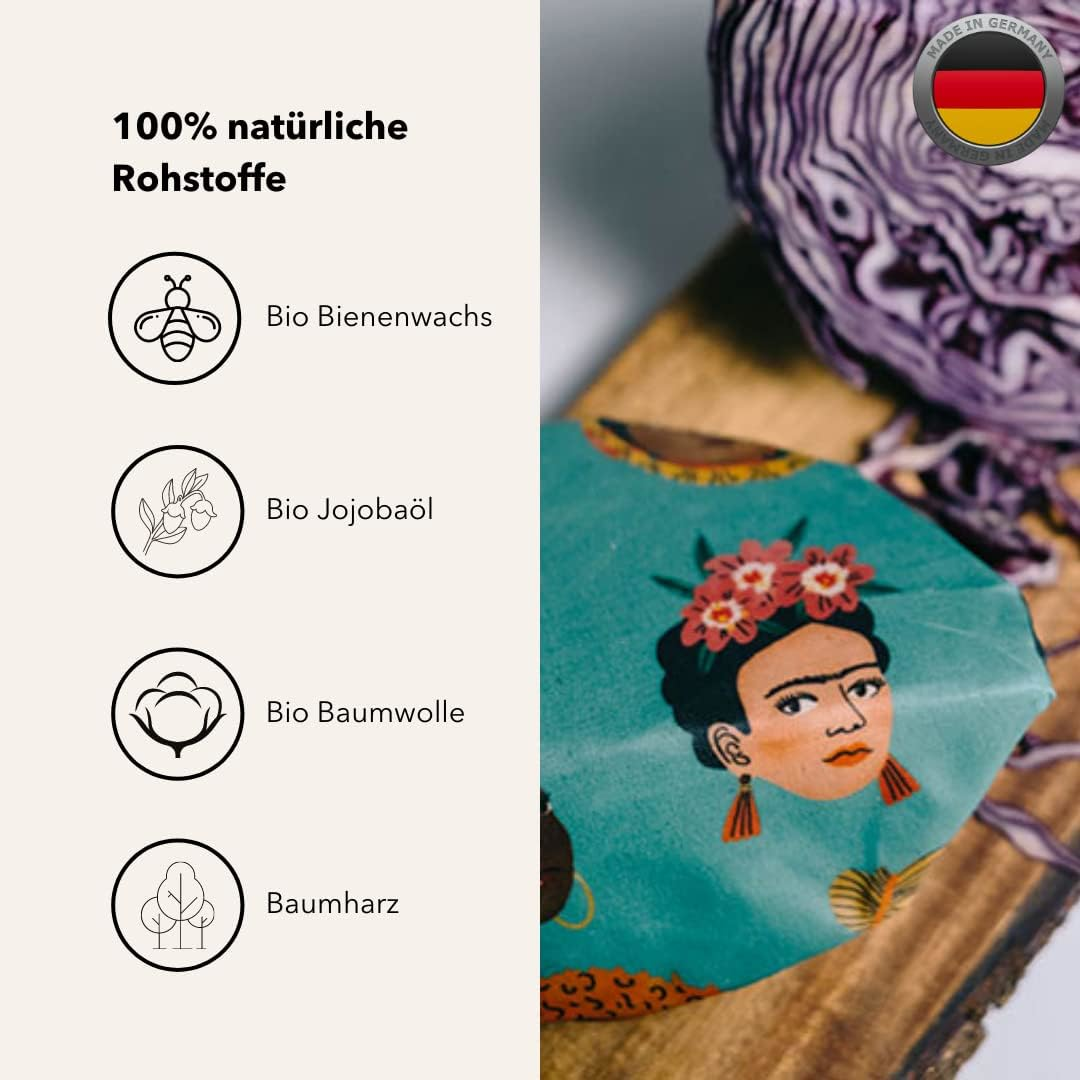 Grafik mit 100% natürlichen Rohstoffen: Bio-Bienenwachs, Bio-Jojobaöl, Bio-Baumwolle, Baumharz, daneben Bienenwachstuch.