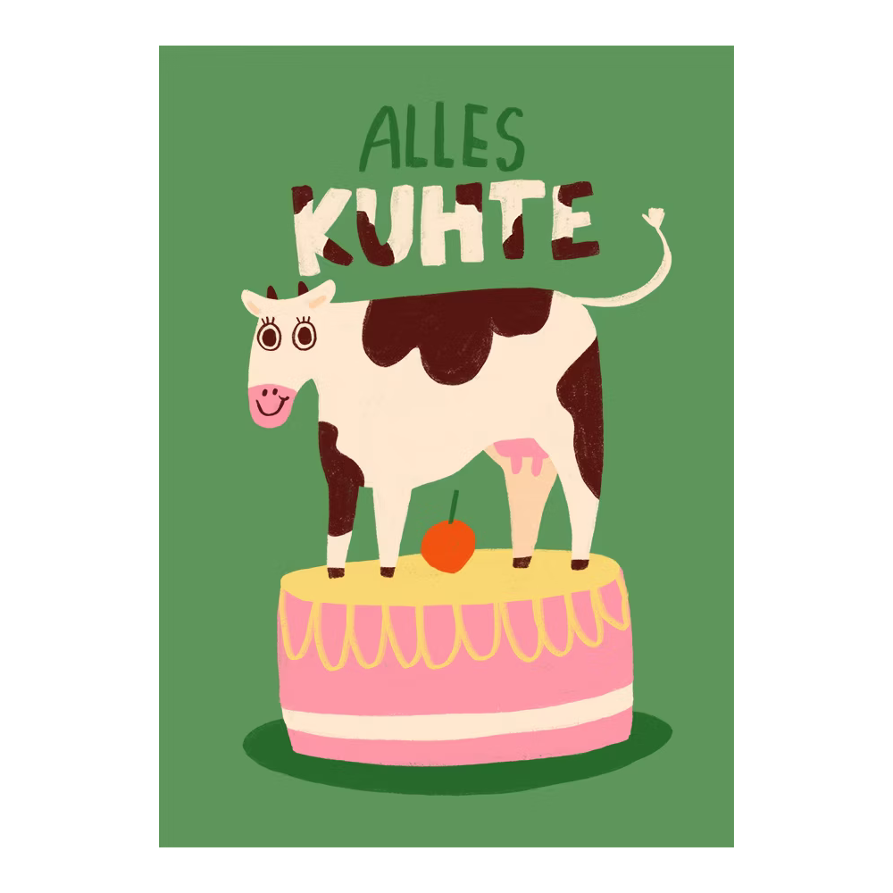 Illustration einer Kuh auf einer Torte mit Kirsche, umgeben vom Text "ALLES KUHTE" auf grünem Hintergrund.