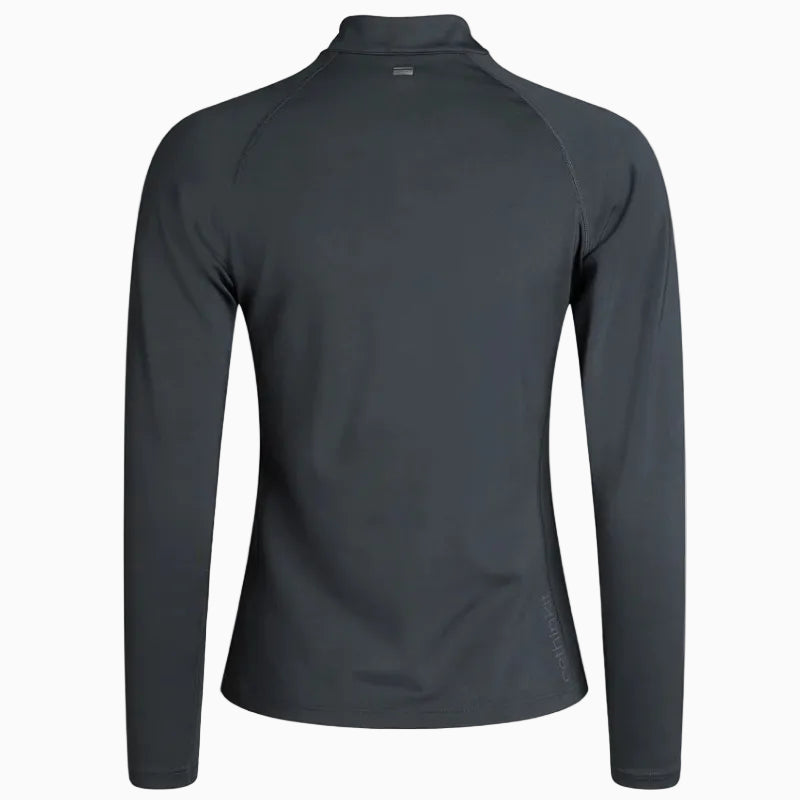 Ein langärmeliges, dunkelgraues, sportliches Oberteil wird von hinten gezeigt. Das Design ist mit einem hohen Kragen und sichtbaren Nähten an den Seiten und Ärmeln ausgestattet.