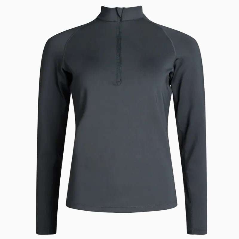 Ein langärmeliges, dunkelgraues, sportliches Oberteil mit hohem Kragen und halbem Reißverschluss auf der Vorderseite, das auf einem weißen Hintergrund abgebildet ist.