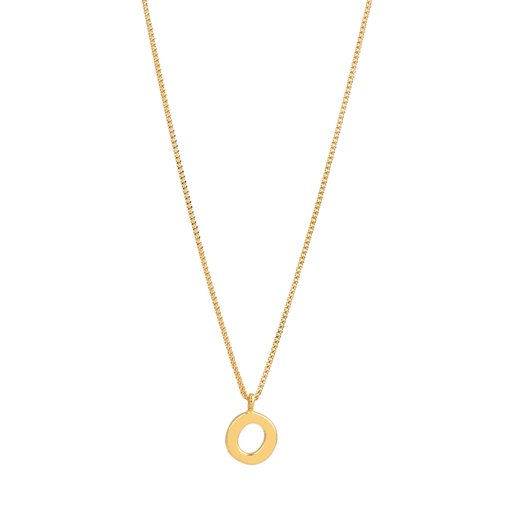 Eine zarte Goldkette mit einem kleinen, einfachen, offenen Kreisanhänger in der Mitte auf weißem Hintergrund.