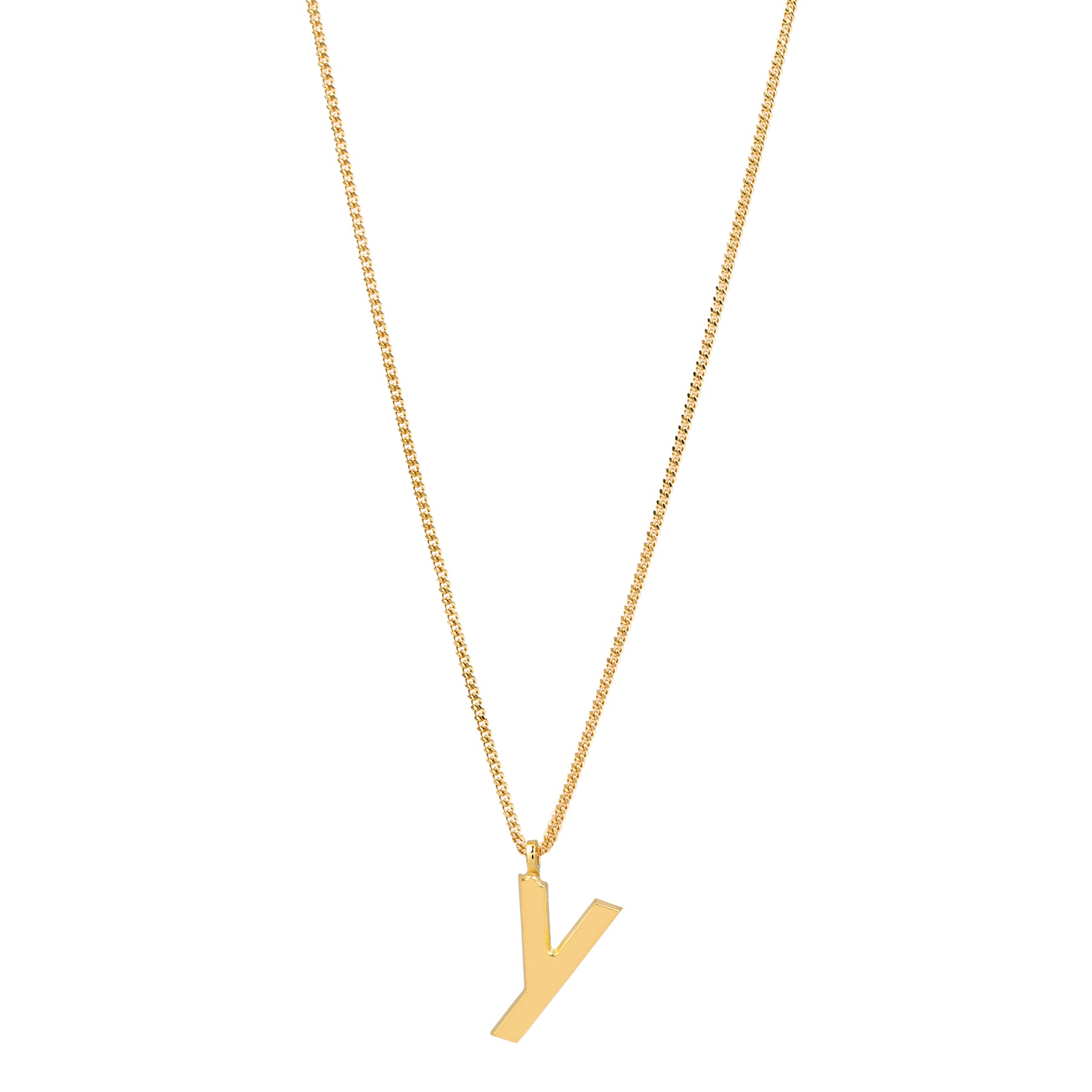 Eine goldene Halskette mit einem eleganten, goldenen Anhänger in Form des Buchstaben Y in der Mitte.