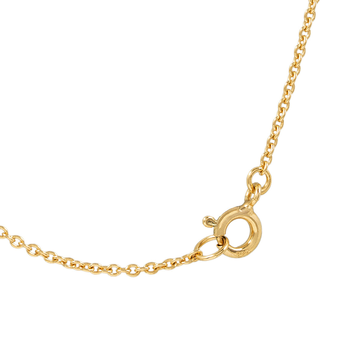 Nahaufnahme einer goldenen Halskette mit Federringverschluss vor einem weißen Hintergrund.