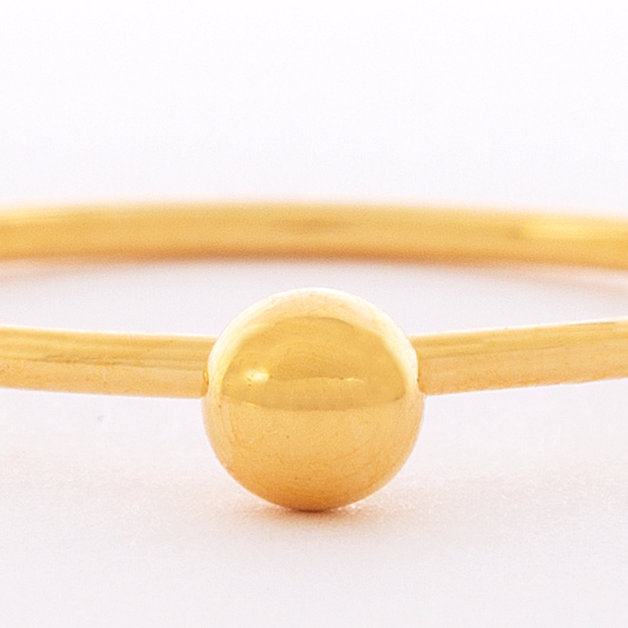 Nahaufnahme eines einfachen Goldrings mit einer glatten, runden Goldperle in der Mitte vor einem schlichten weißen Hintergrund.