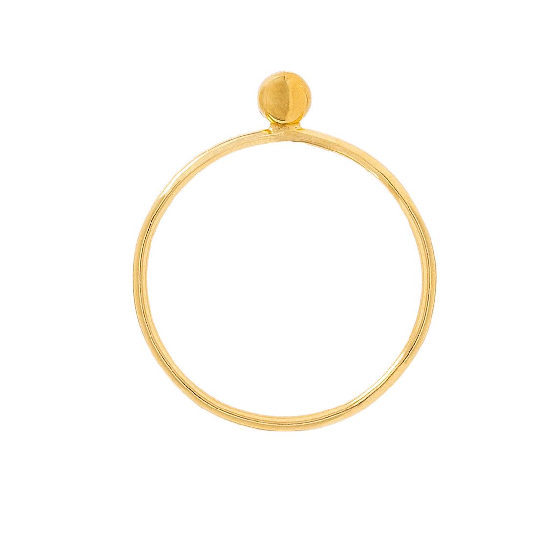 Ein schlichter Goldring mit einem dünnen Band und einer kleinen, glatten, runden Goldperle an der Spitze. Das Design ist minimalistisch und modern, mit einer polierten Oberfläche.