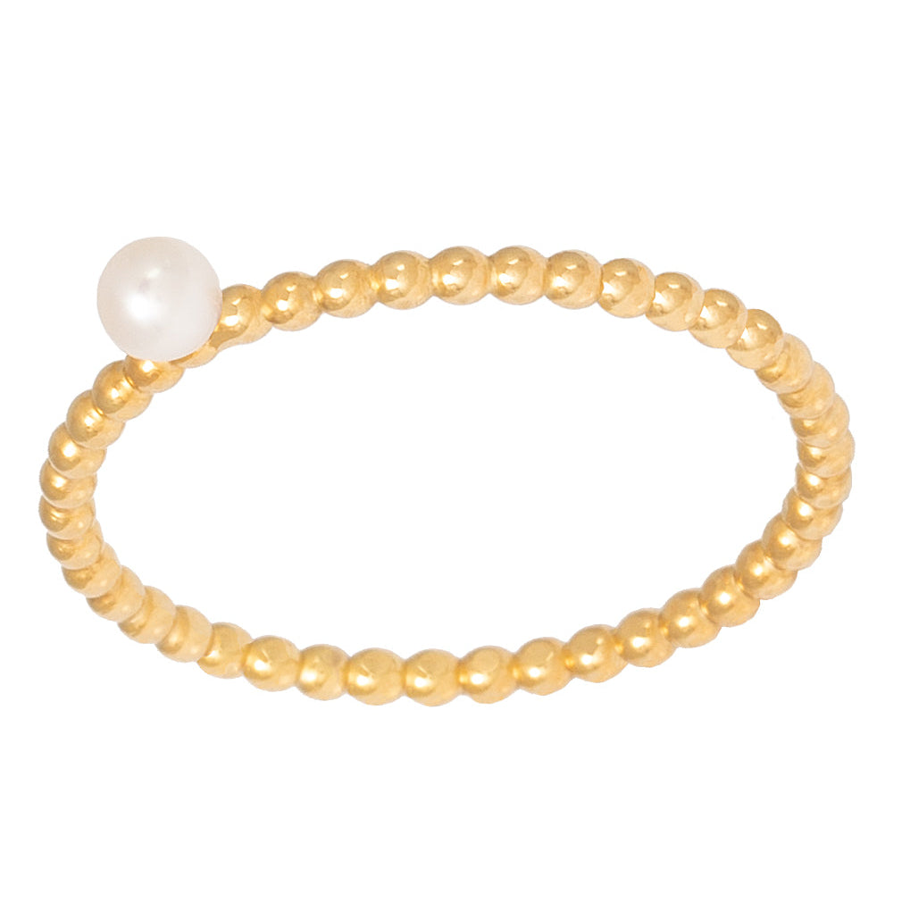 Ein zarter Ring aus Goldperlen mit einer einzelnen kleinen weißen Perle an der Spitze.