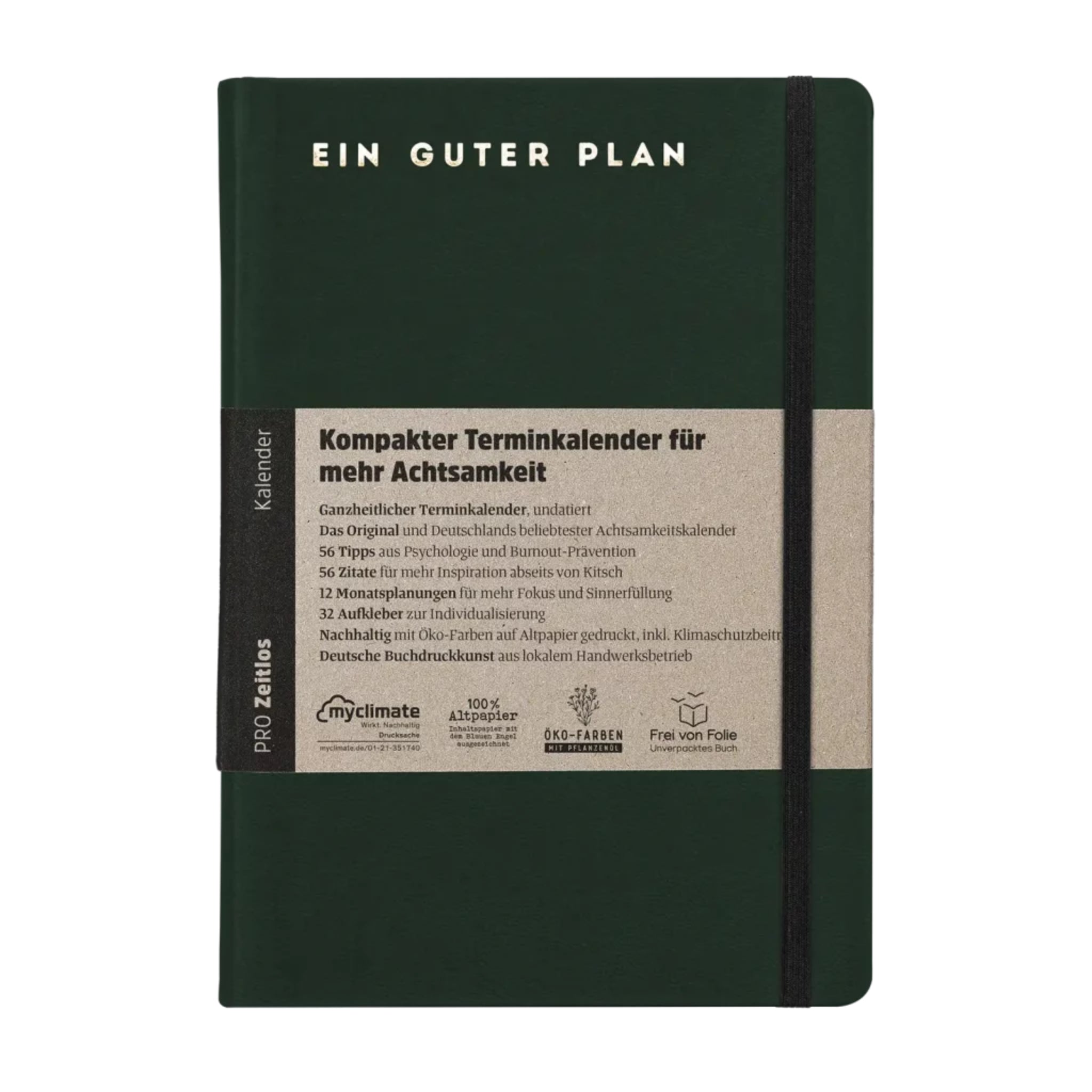 Grüner Achtsamkeitskalender "Ein Guter Plan" mit einer Banderole, die Details zu Inhalten und Nachhaltigkeit bietet.