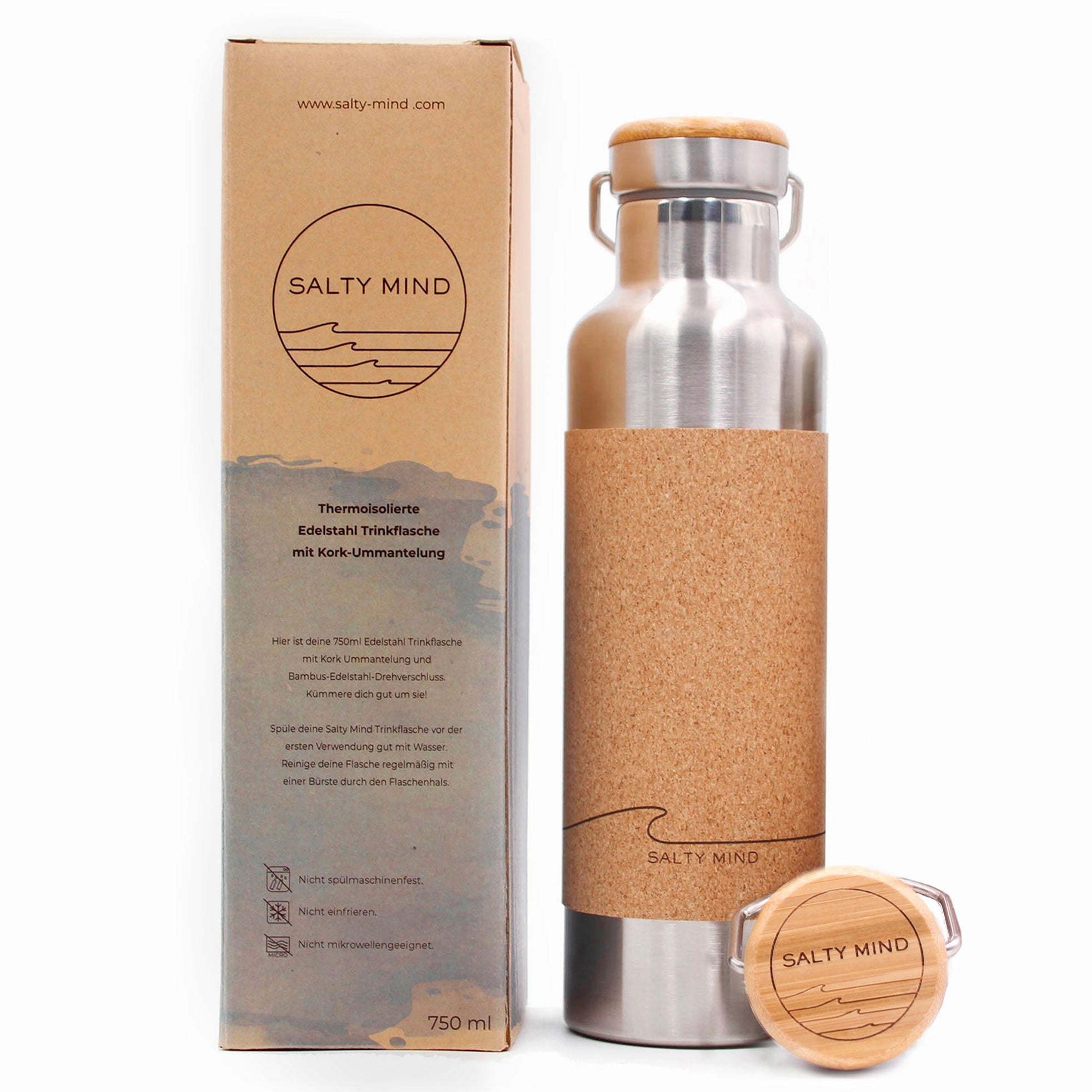 Thermosflasche aus Edelstahl mit Korkummantelung von Salty Mind neben der Verpackung, Fassungsvermögen 750 ml.