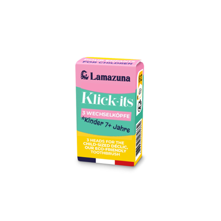 Verpackung von Lamazuna Klick-its mit drei Wechselköpfen für Kinder über 7 Jahre, farbig gestaltet.