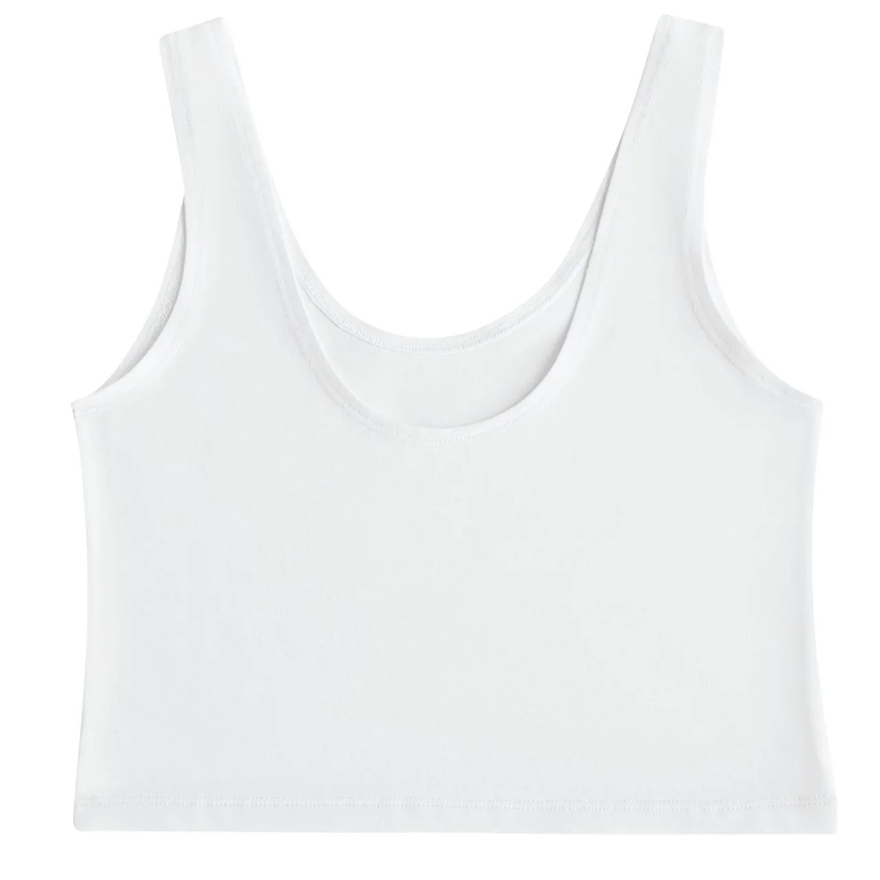 Ein schlichtes, weißes, tailliertes Tank-Top mit breiten Schulterträgern, Rundhalsausschnitt und einem einfachen, minimalistischen Design. Der Stoff scheint weich und dehnbar zu sein.