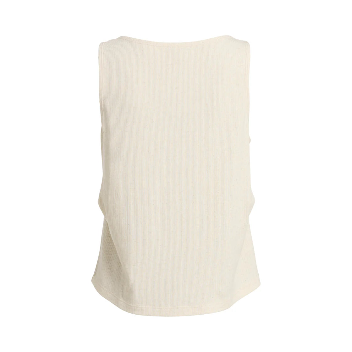 Rückenansicht eines ärmellosen, cremefarbenen oder cremefarbenen gerippten Tanktops mit leicht lockerer Passform, dargestellt auf einem einfarbig weißen Hintergrund.