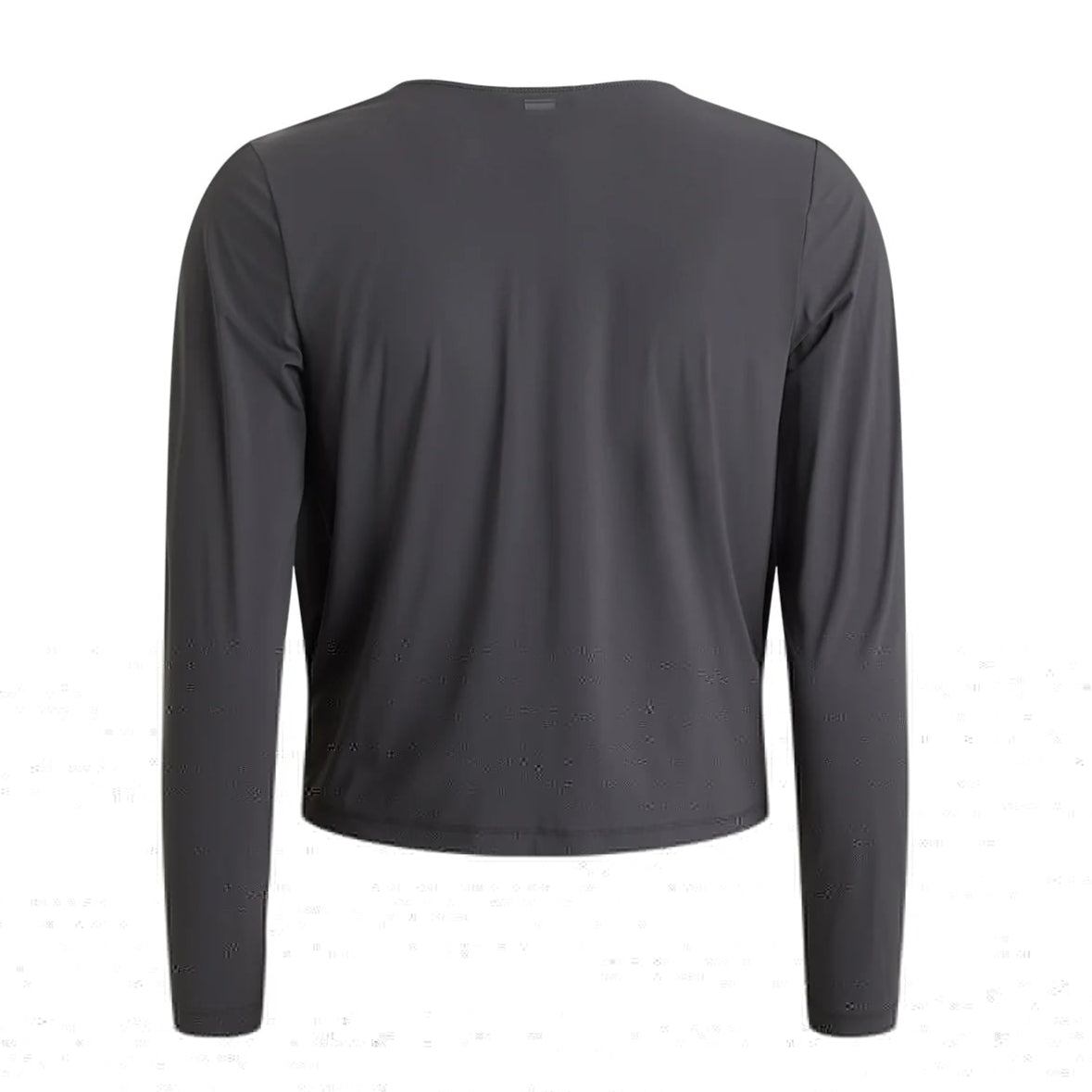 Rückansicht eines dunklen Langarmshirts auf weißem Hintergrund.
