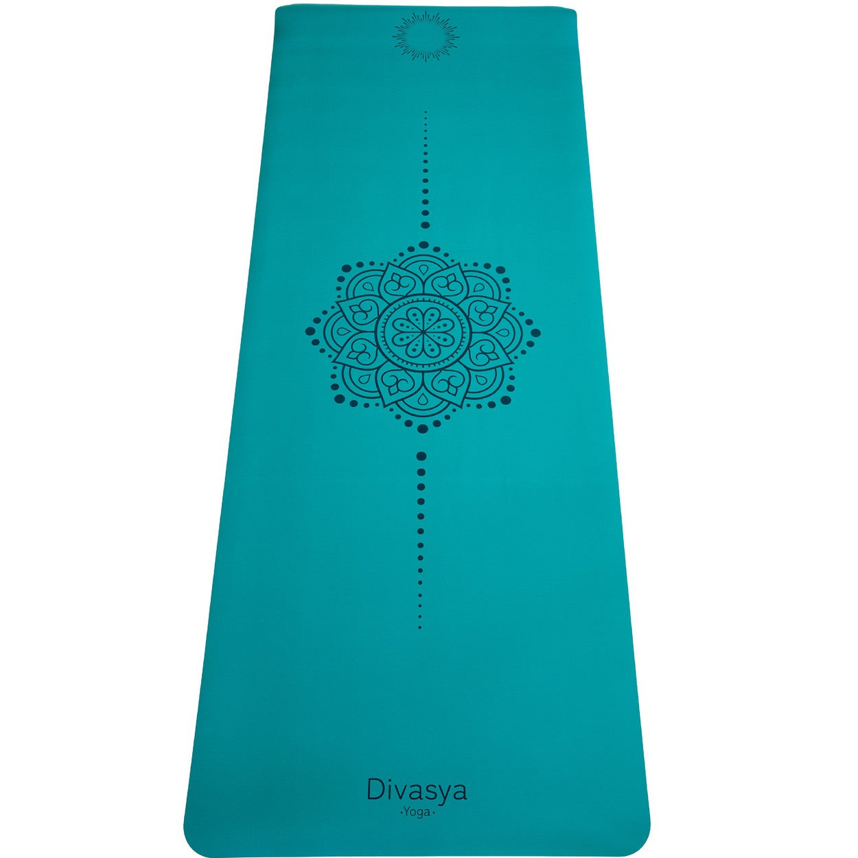 Türkise Yogamatte mit schwarzem Mandala-Muster und dem Logo "Divasya" unten, auf weißem Hintergrund.