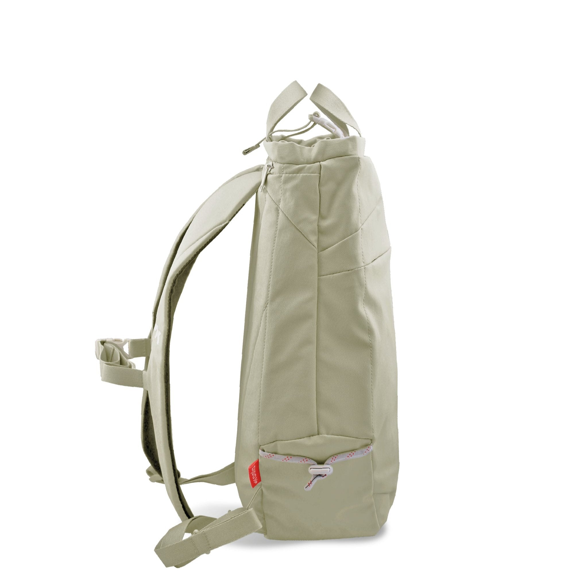 Beiger Rucksack von der Seite, mit verstellbaren Trägern und kleiner Fronttasche mit Zipper.