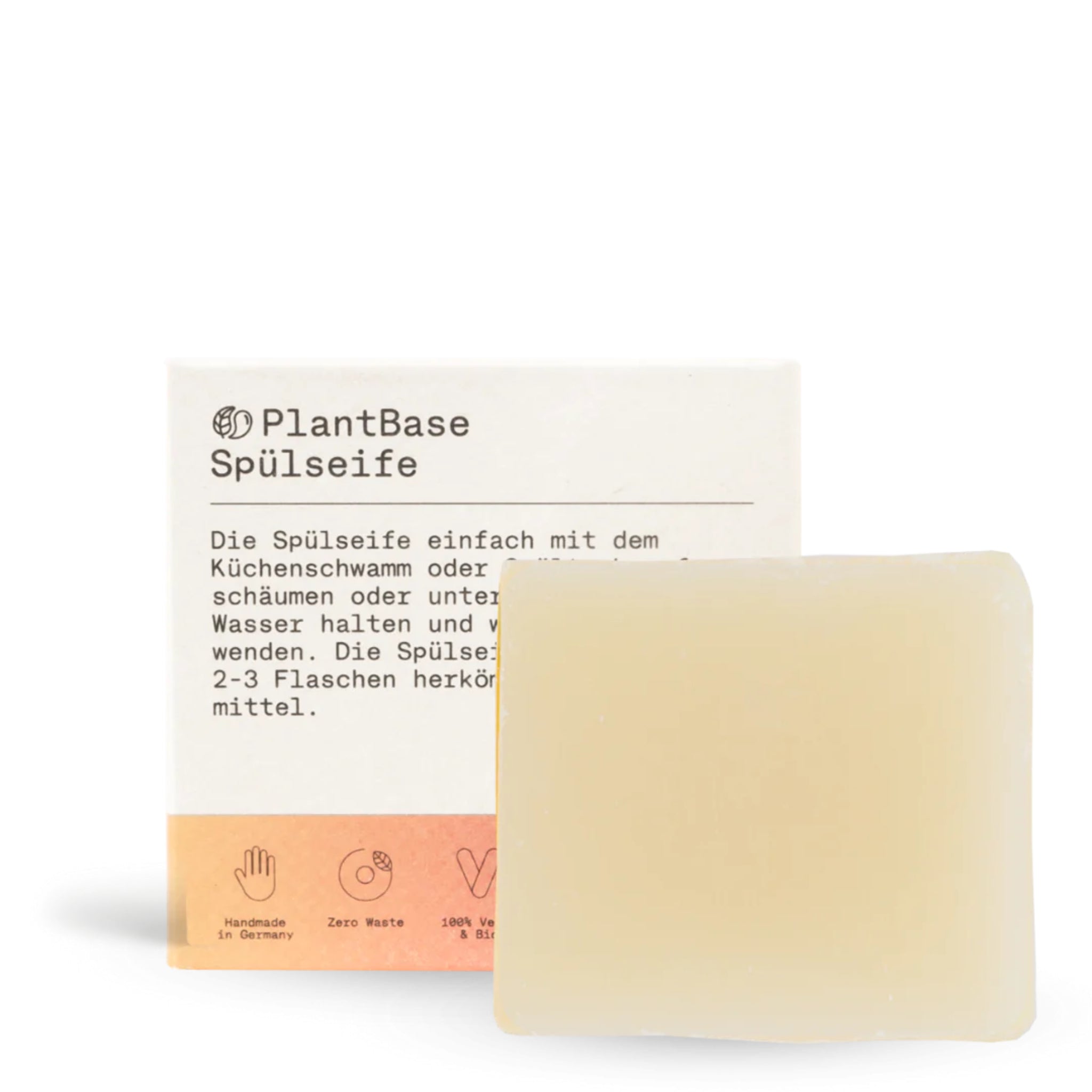 Beige Spülseife mit Verpackung, die "PlantBase Spülseife" und Details zur Anwendung und Nachhaltigkeit zeigt.
