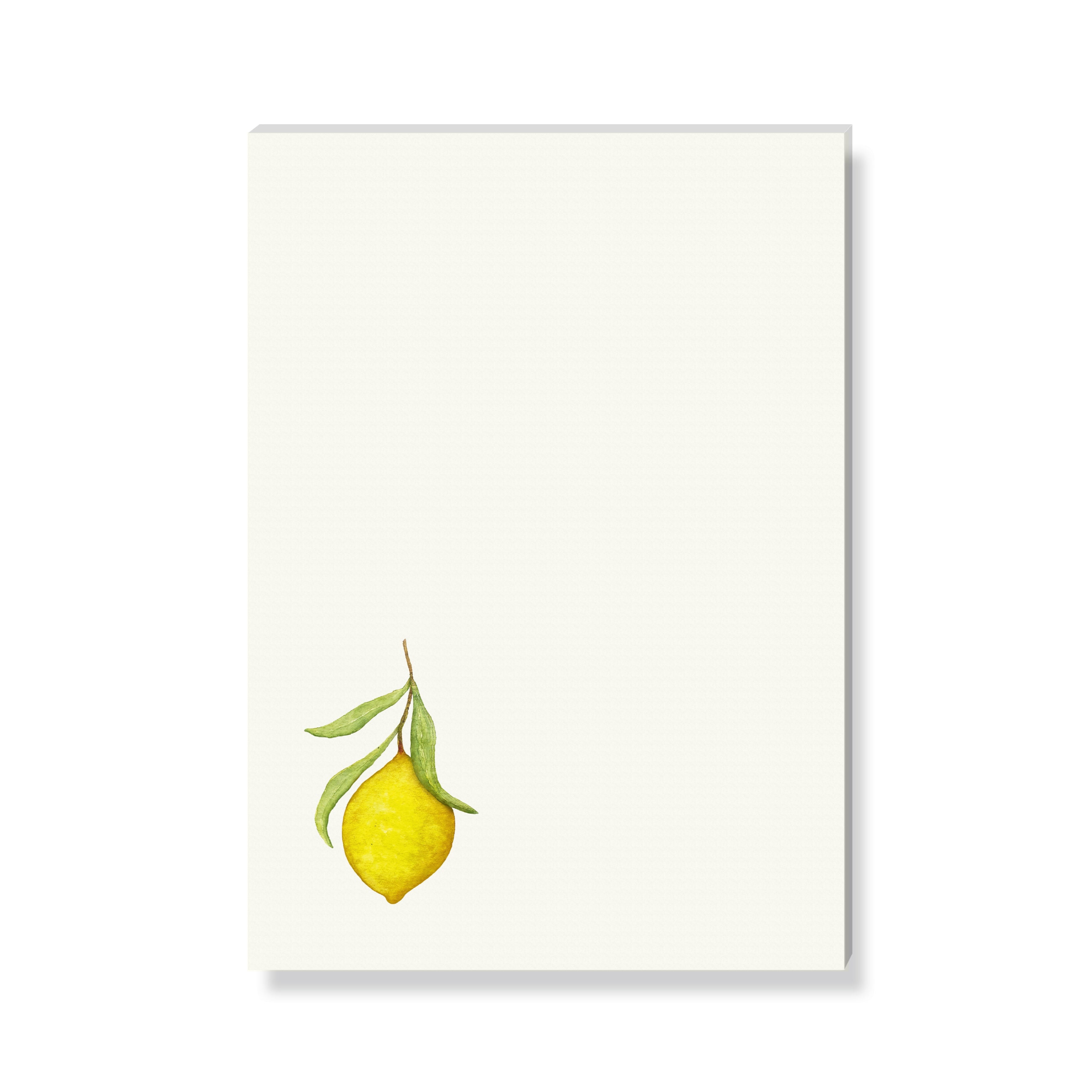 Illustrierte Zitrone mit Blättern in der unteren linken Ecke eines weißen Blatts.