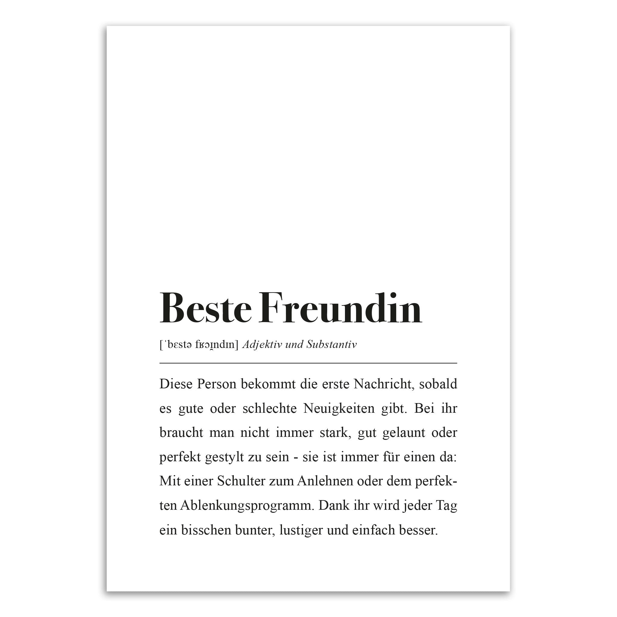 Weiße Karte mit Definition von "Beste Freundin": Jemand, dem man zuerst schreibt, egal ob gute oder schlechte Nachrichten.