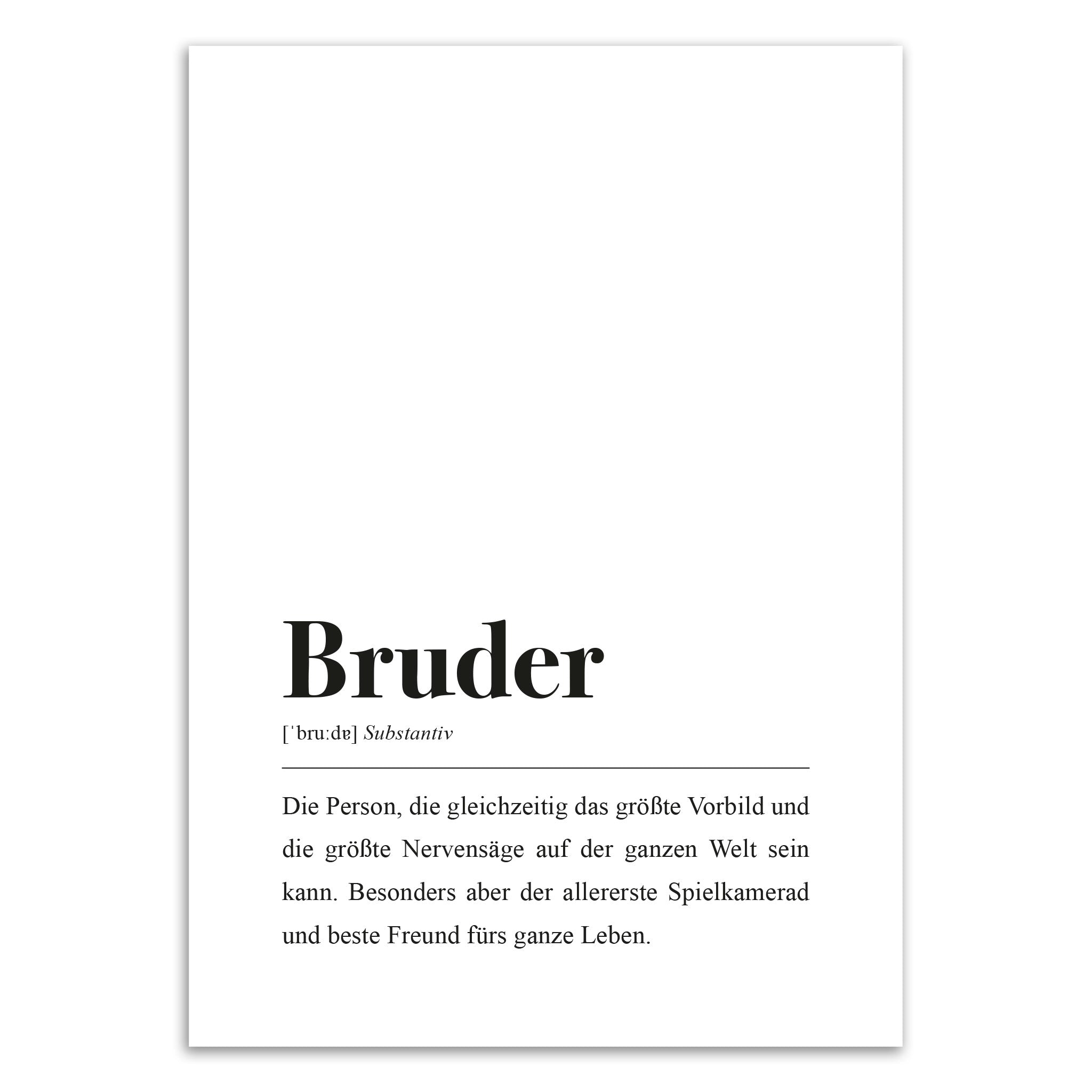 Weiße Karte mit der Definition des Wortes "Bruder" als Vorbild, Nervensäge, Spielkamerad und Freund fürs Leben.