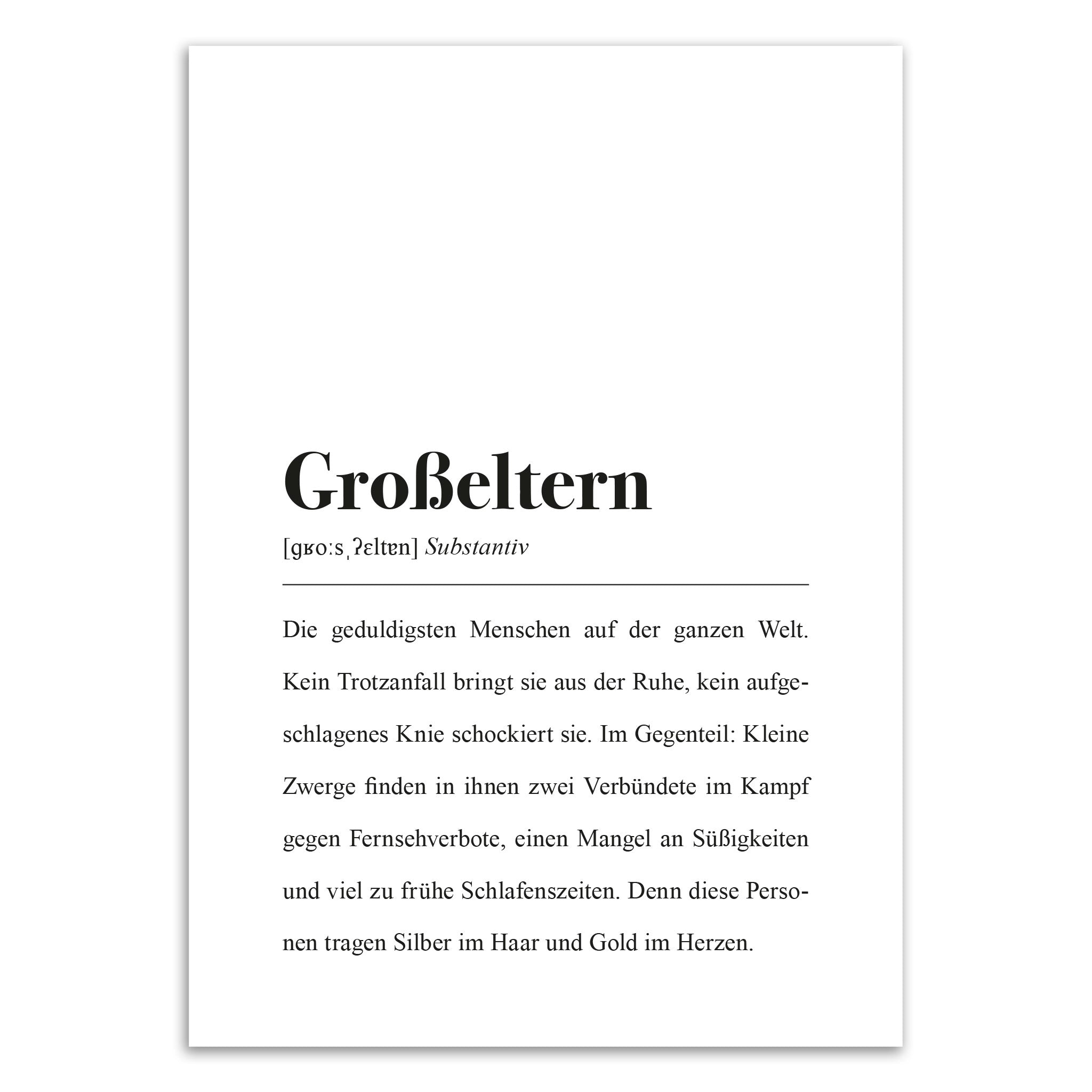 Textdesign mit der Definition von "Großeltern" und einer Beschreibung ihrer geduldigen, liebevollen Natur.