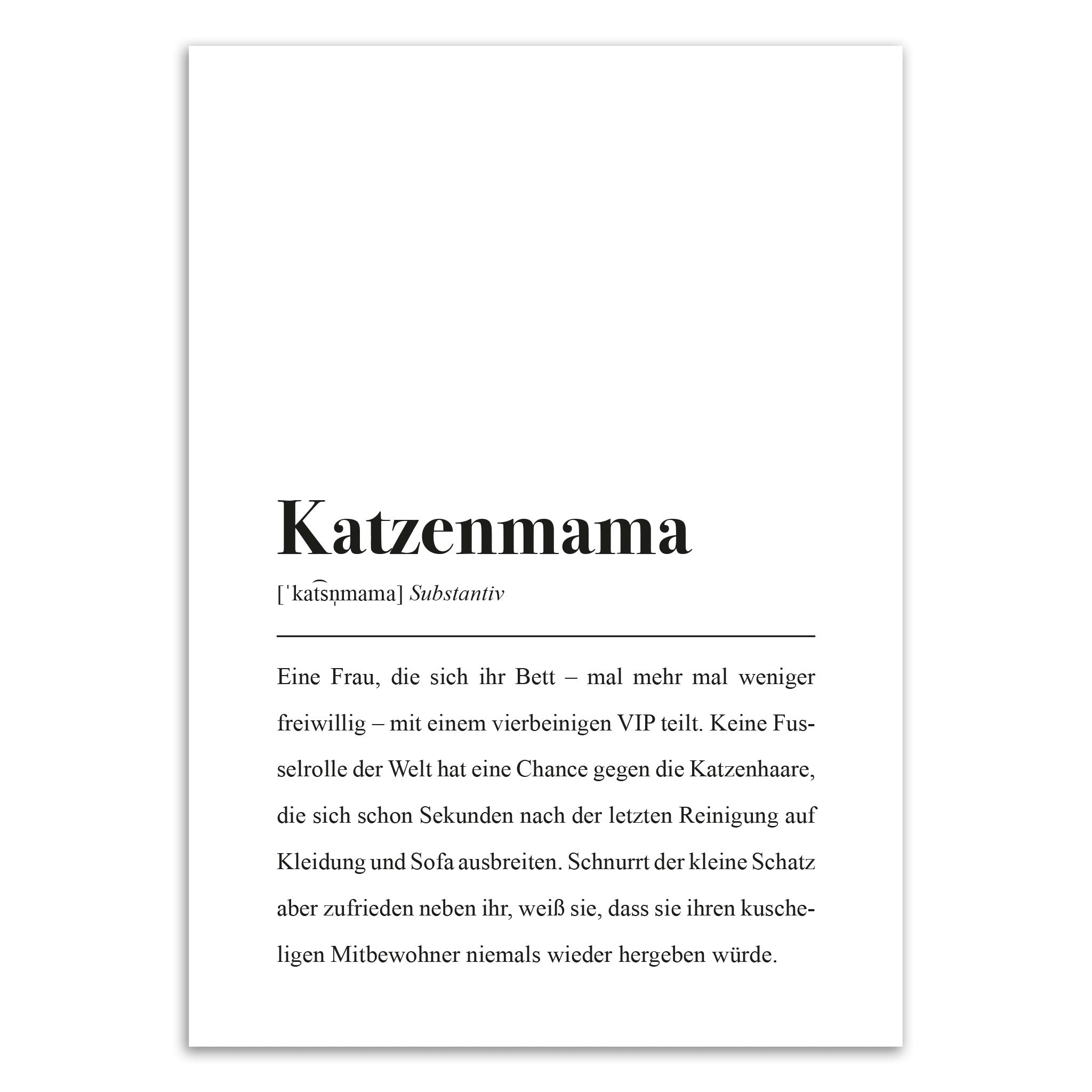 Textbild mit Definition des Wortes "Katzenmama" und einer humorvollen Beschreibung des Lebens mit einer Katze.