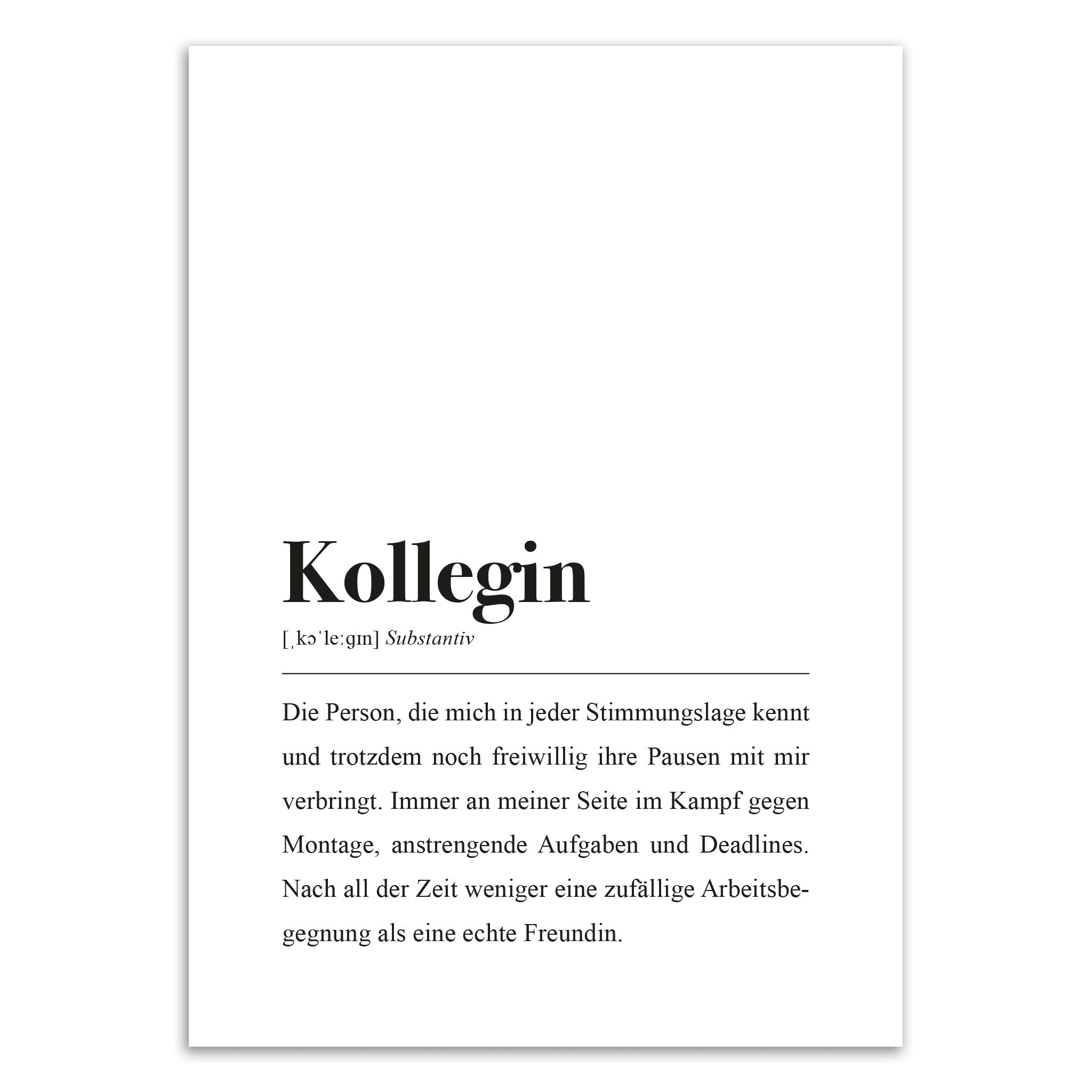 Weißes Poster mit der Definition von "Kollegin" als freundliche, treue Begleiterin bei der Arbeit und im Leben.
