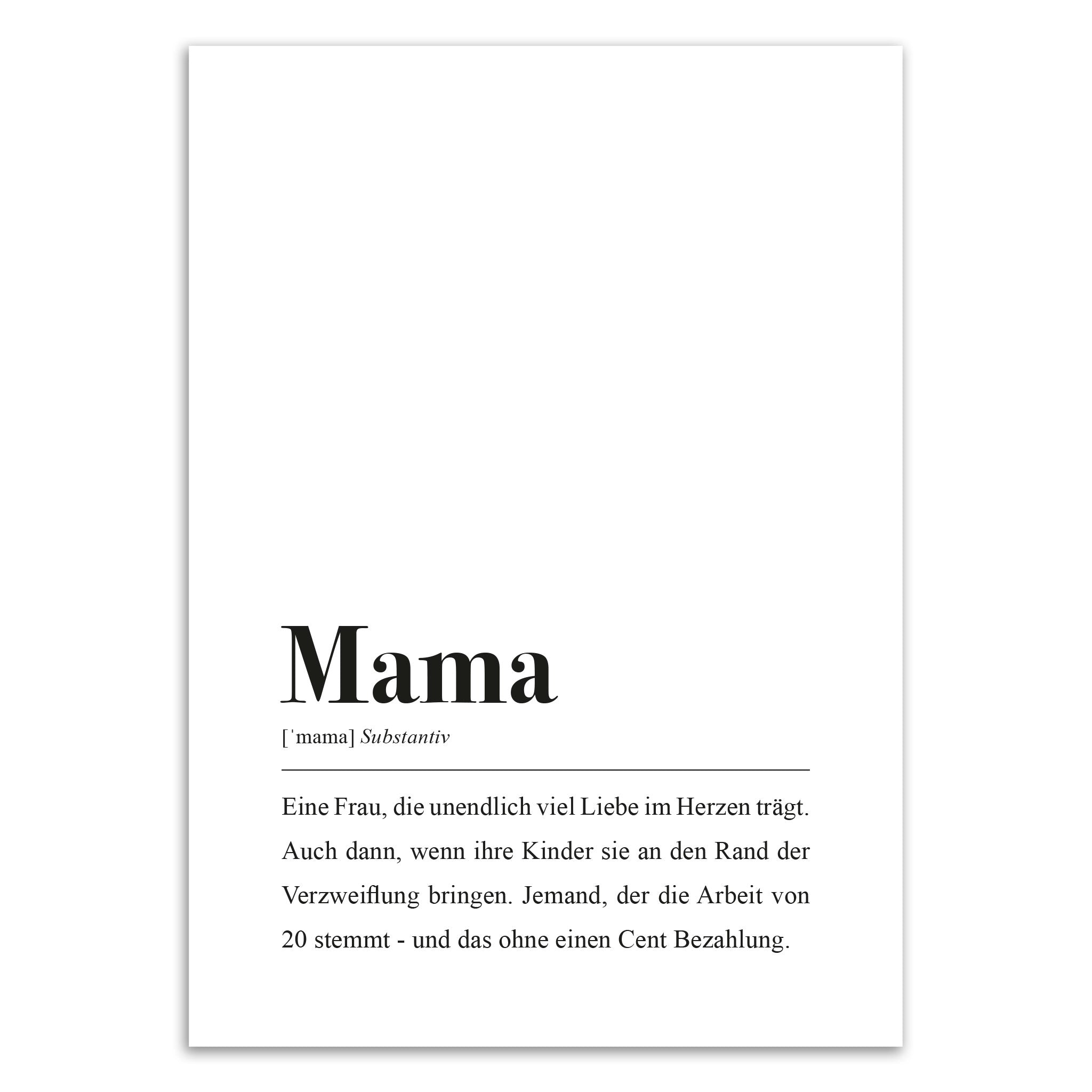 Weiße Karte mit Definition und Beschreibung des Wortes "Mama" als Ausdruck von Liebe und Hingabe.