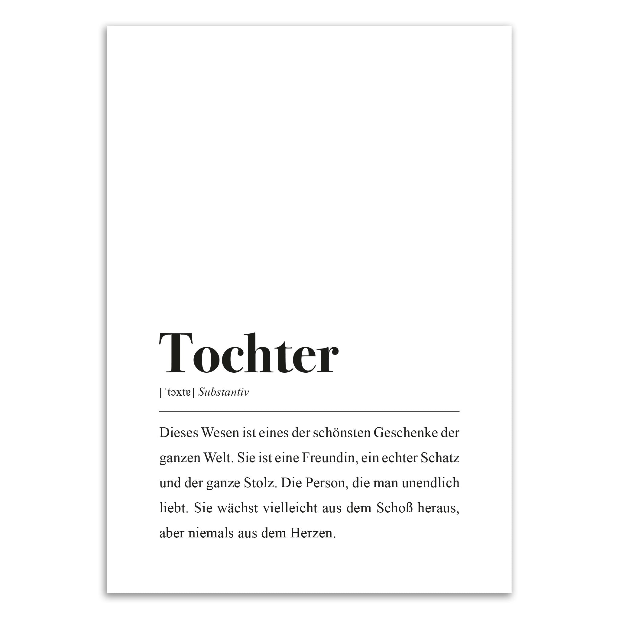 Poster mit der Definition von "Tochter" als Substantiv und einem nachdenklichen Text über die Bedeutung einer Tochter.